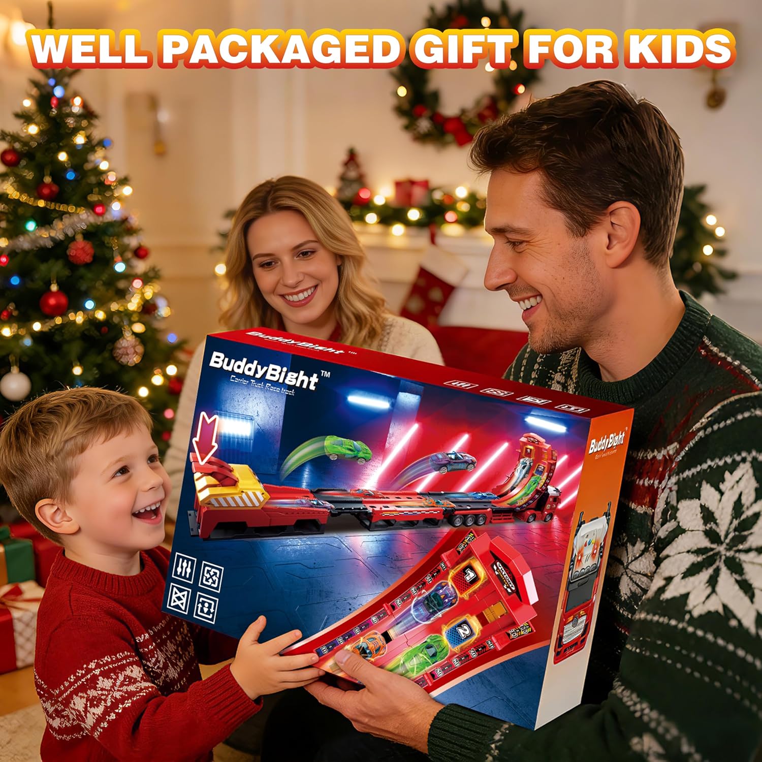3in1 Carrier Truck with 45-Inch Foldable Race Track, Toy Trucks for Kids Ages 4-8 w/12 Metal Diecast Cars Toys, Trucks for Toddlers 2-4 Years w/Light & Sound, Kids Toys Gift for Boys & Girls Age 3+