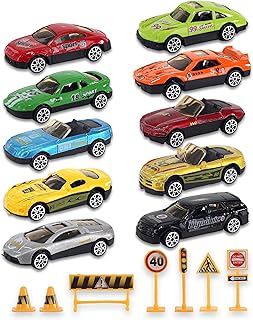 Die Cast Metal Toy Cars Set - 10 Sports Race Cars and Race Car Track Accessories for Kids - Cool Race Car Set for Girls and Boys Pretend Play Speed Racing, Bulk Party Favors, Car Collection