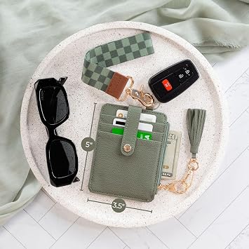 Stylish Wristlet Keychain Wallet for Women - Slim Design Credit Card Holder w/ Plenty of Storage incl. Clear ID Window & Zipper Pocket - Easy Carry RFID Blocking Wallet w/ Tassel, Lanyard & Gold Rings