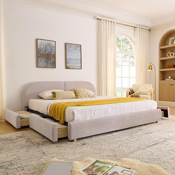 King Size Upholstered Bed Frame with 4 Storage Drawers, Modern Platform Bed with Curved Headboard, Sturdy Leg and Wood Slats Support, Pink
