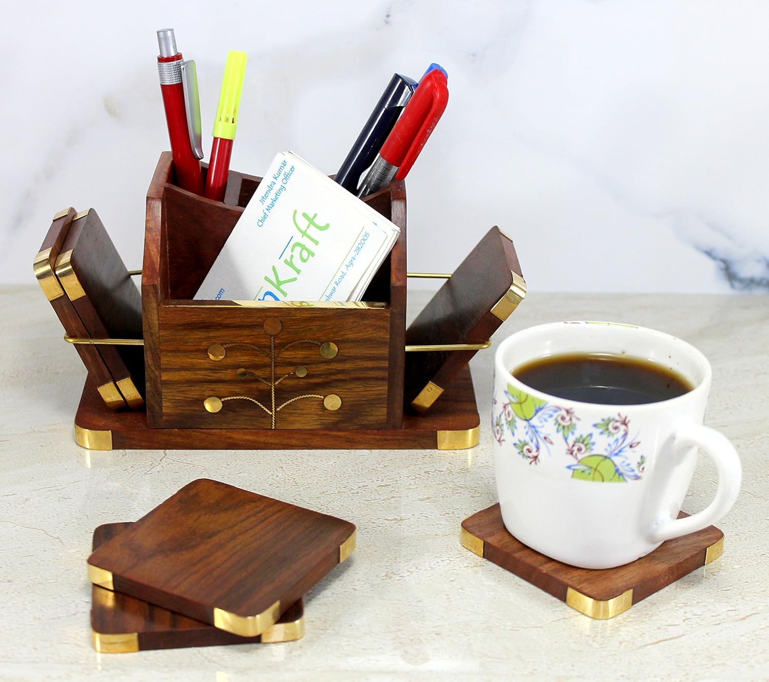 Stonkraft Wooden Rosewood Desk Organizer, Coasters Set, Pen Stand, Business Card Holder with Brass Work (Office Table Accessories)