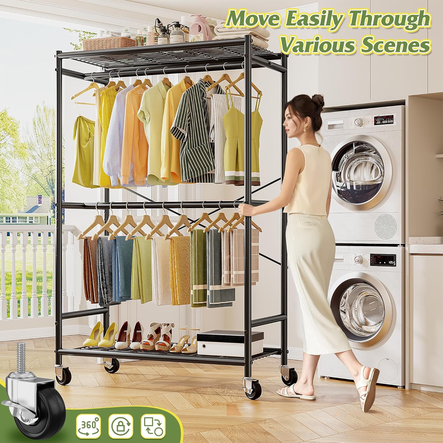 Raybee clothes rack showing storage capacity