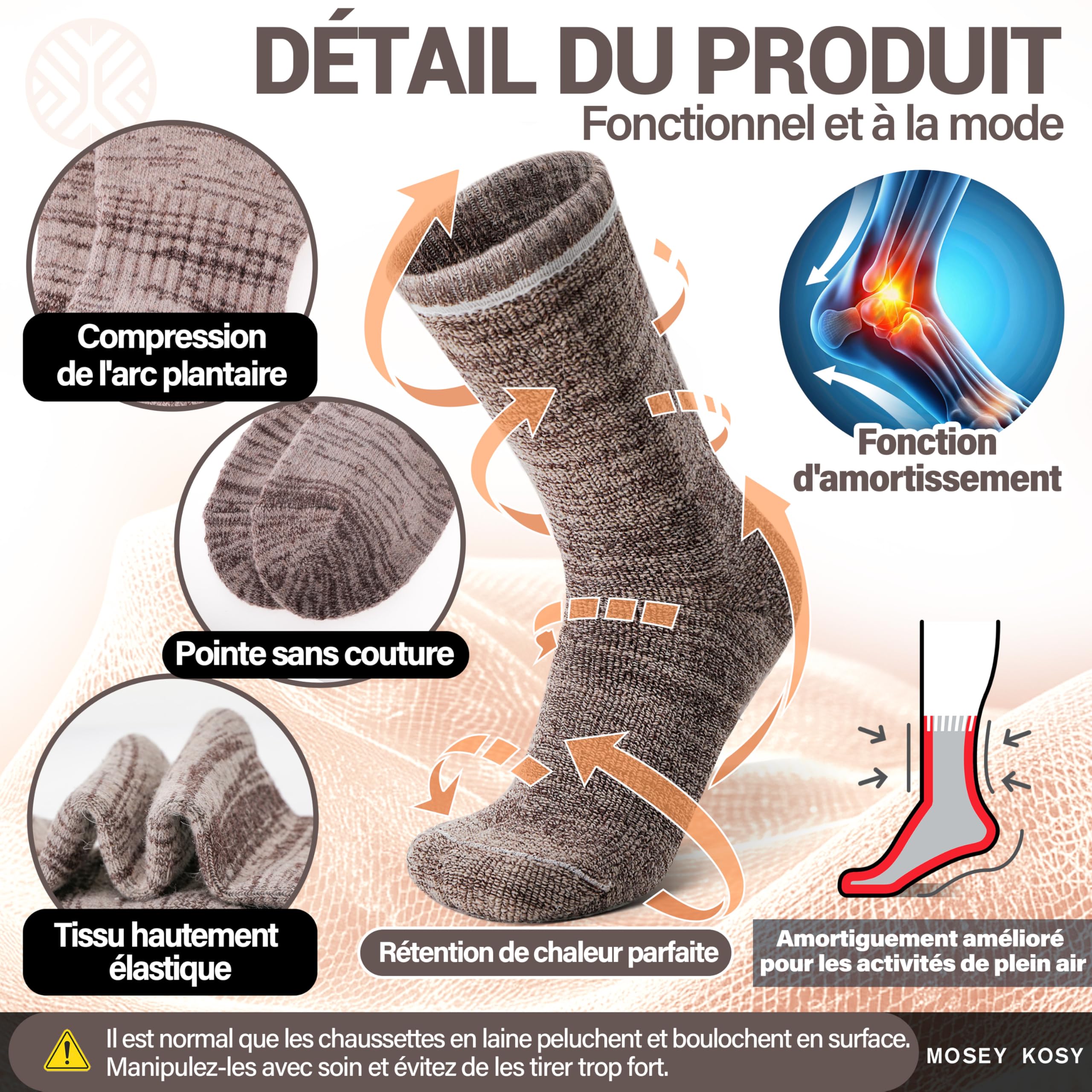 MOSEY KOSY 4 Paires de Chaussettes en Mérinos pour Marche et Randonnée Chaudes Extra Épaisses Thermiques Confortables avec Caleçon pour Travail pour Femme et Homme