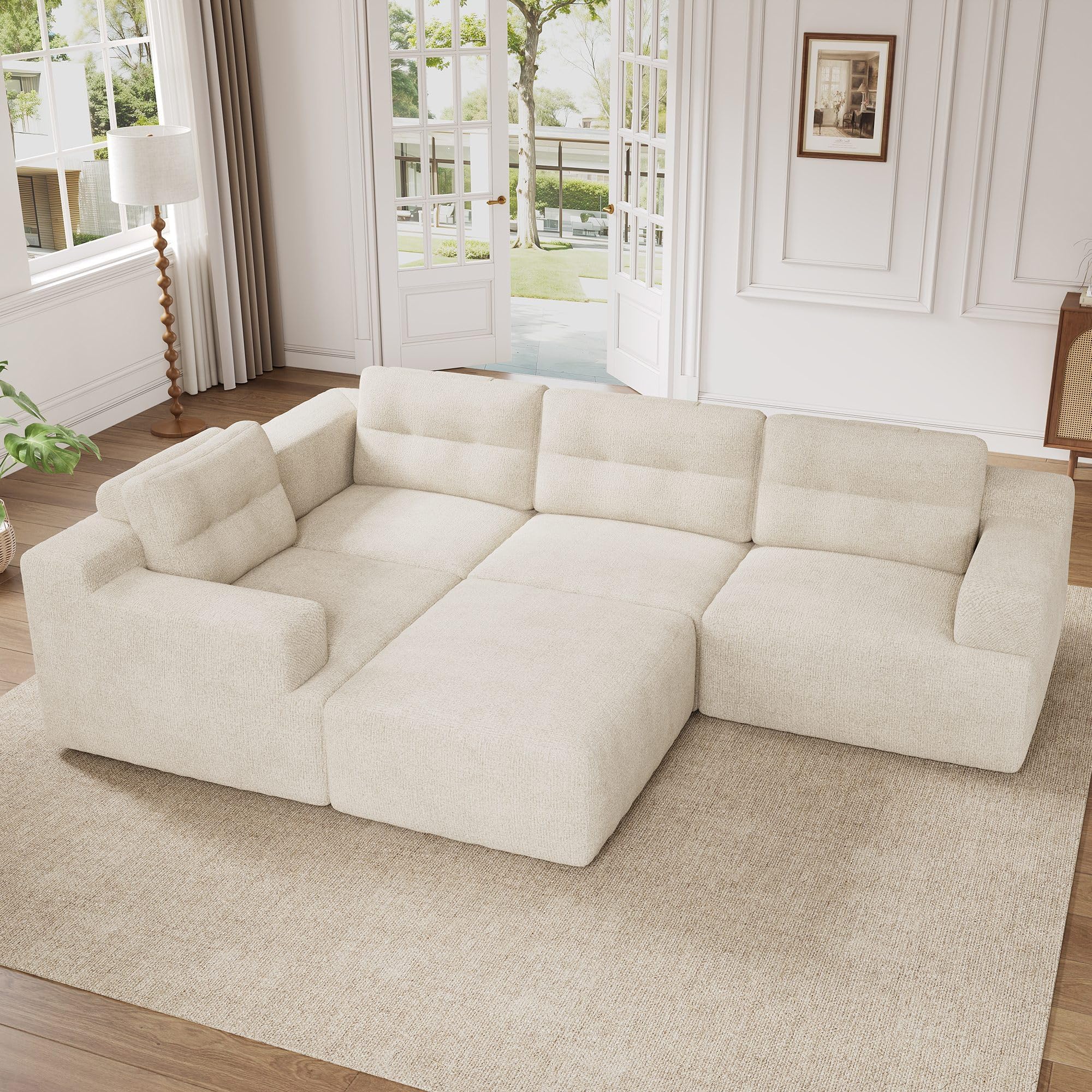 Modulares Kombinationssofa, Flexibel als L‑Form/U‑Form stellbar, Rahmenlose Vollschaum‑Konstruktion, Keine Montage erforderlich, Chenille‑Bezug, für Wohnzimmer und Schlafzimmer, Beige