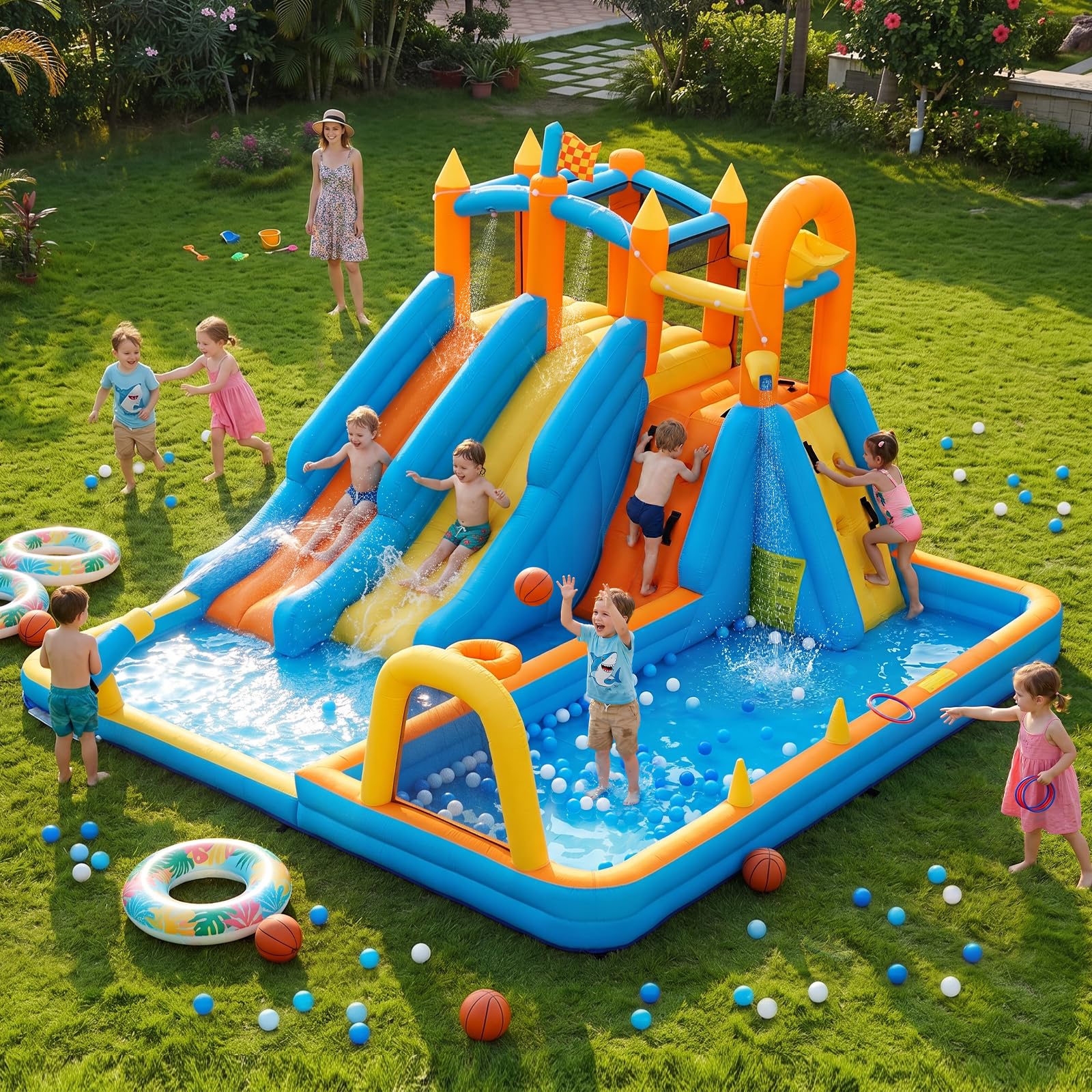 FOOING Castello Gonfiabile con 2 Scivoli Acquatici, Parete Arrampicata, Canestro Basket, Giochi da Giardino per Bambini, Piscina Esterna con Rete di Sicurezza per Feste All'aperto