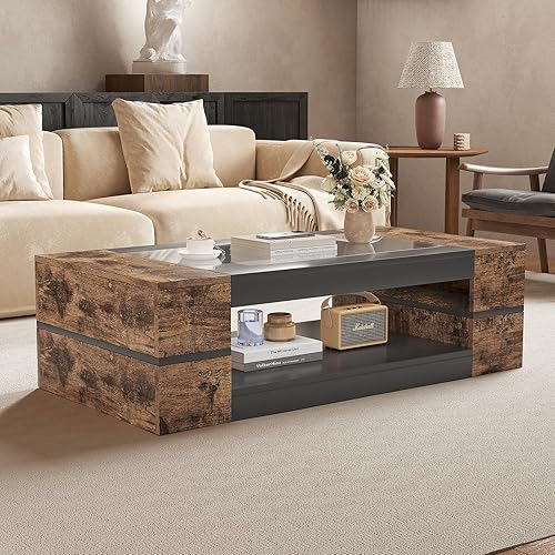 Miniatura 9 de Mesa de centro moderna y elegante de 47.2 pulgadas con parte superior de cristal, mesa grande para sala de estar, mesas centrales rectangulares de 2