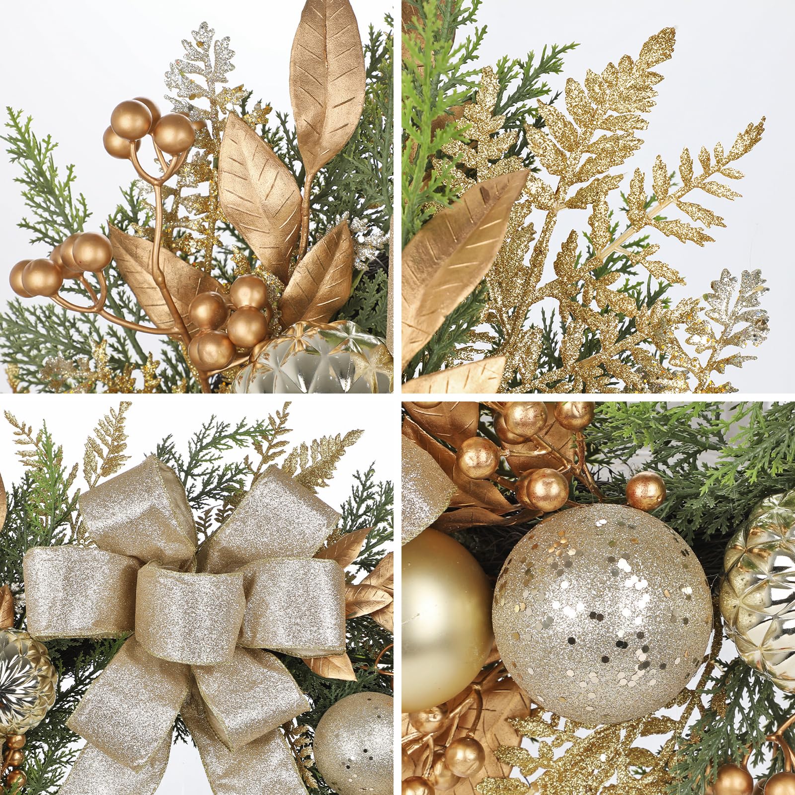 Arbrous Coronas de Puerta de Navidad Exterior 24" Corona de Navidad Grande Dorada con Lazo de Seda Bolas Bayas Hojas Coronas de Navidad para Puerta Principal Corona Artificial de Invierno para Pared
