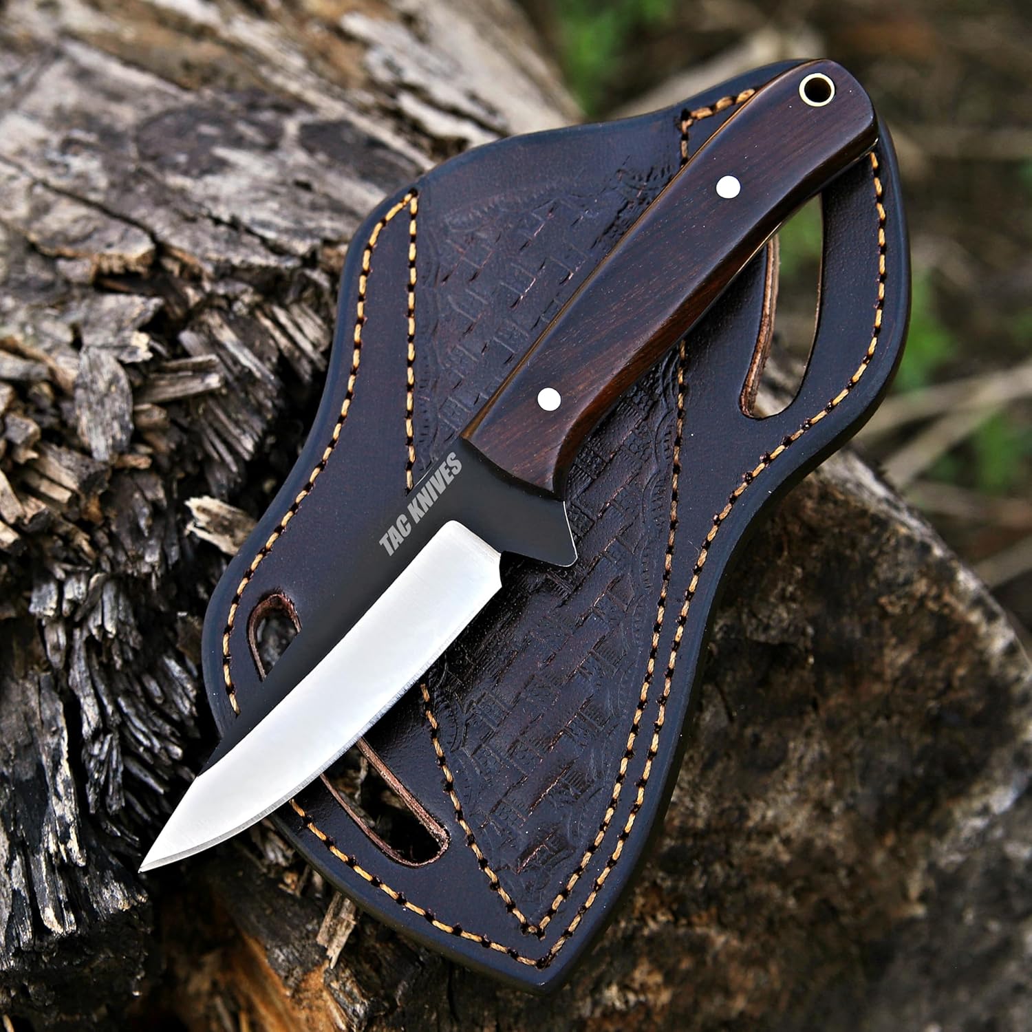 TAC KNIVES 7" Fixed Blade EDC Knife with Sheath - Damascus Steel Hunting Knife - Full Tang - Bone Handle - Pancake Carry Leather Sheath Snug Fit (BONE 303)