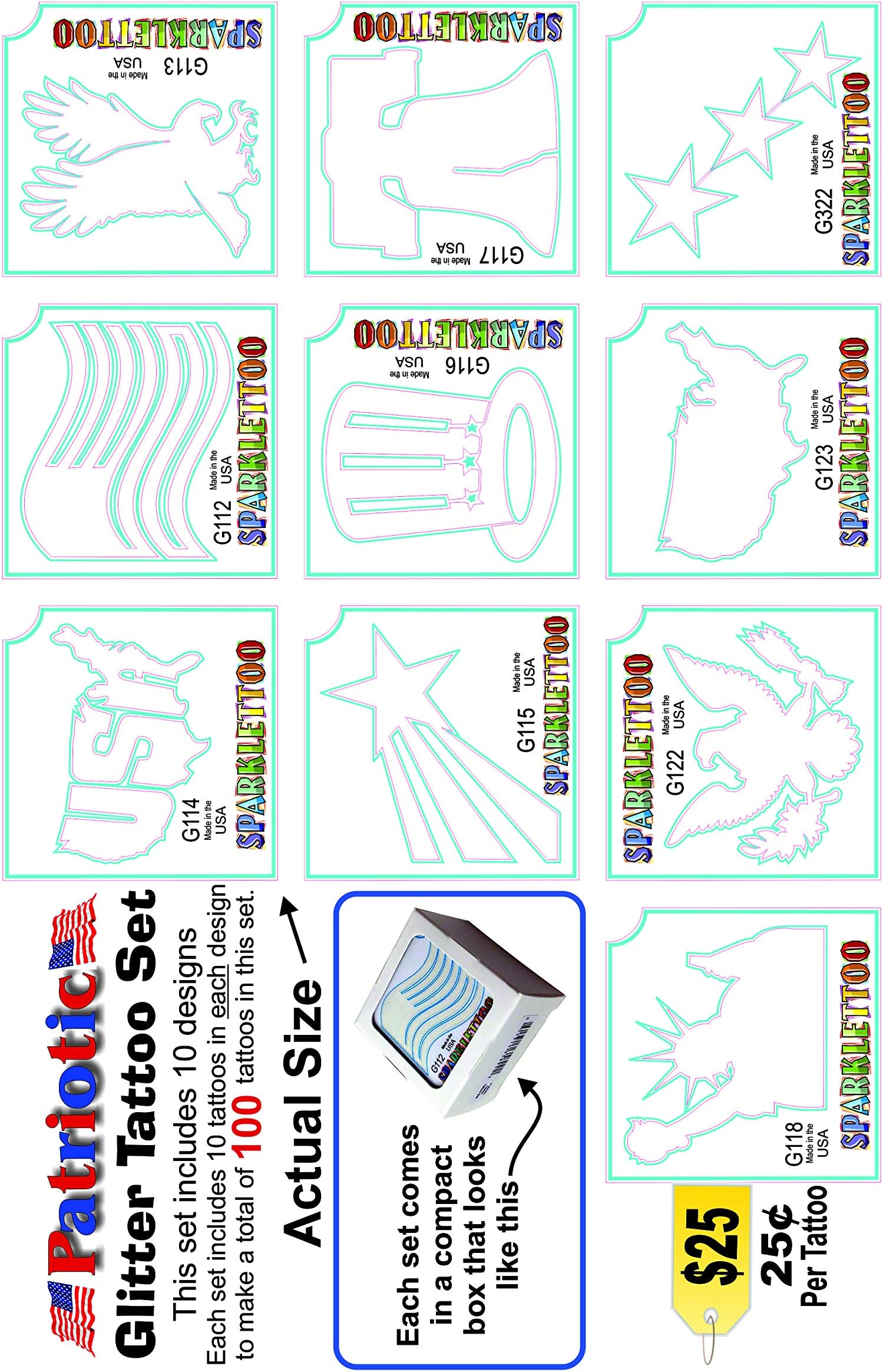 Ruby Red Paint, Inc. - 100 Glitter Tattoo Stencils - Patriotic Theme