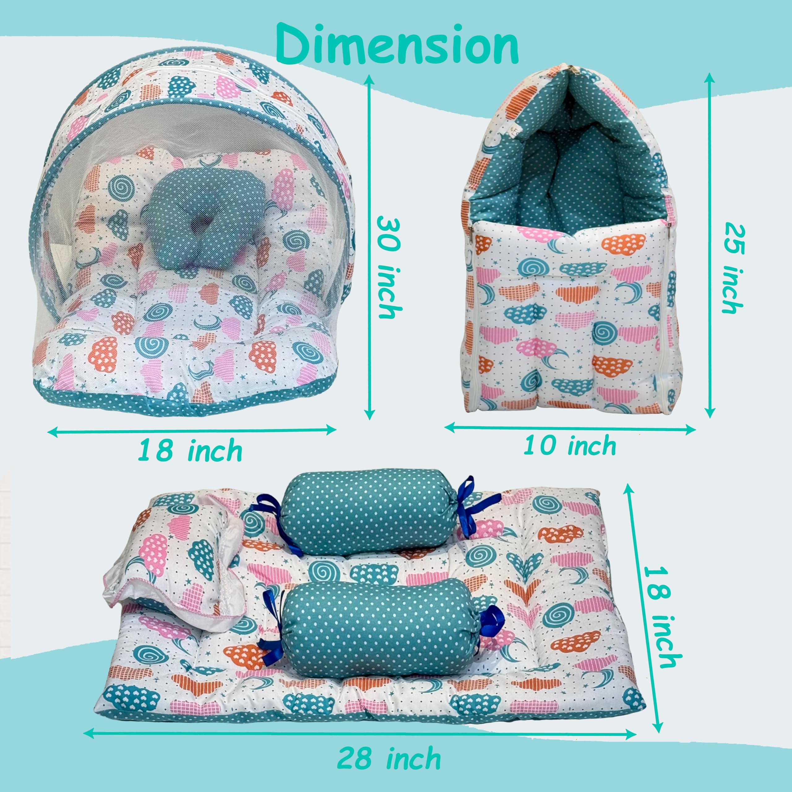 Fareto Combo of Baby Bed with Net | Carry Bag | 4 Pcs Bedding Set (0-6 Months, Baby Size, Cotton) (Pista Sprial) - Image 2 thumbnail