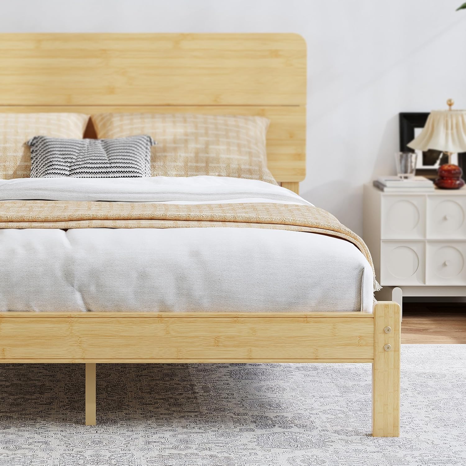 BOSRII 12in High Solid Bamboo Wood Platform Queen Size Bed Frame with Headboard, Reinforced Heavy Duty Metal Slats, Noise Free, No Box Spring Needed, Easy Assembly
