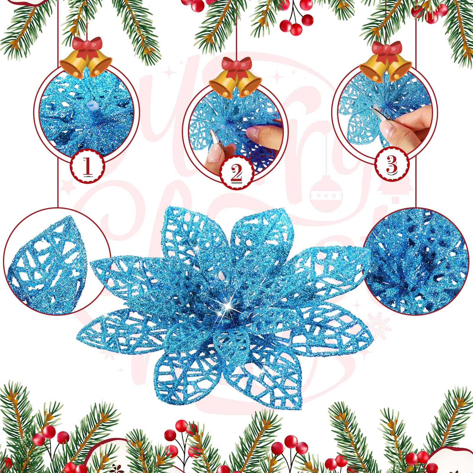 36 Pieces Christmas Glitter Poinsettia Flowers Wedding Glitter Flowers Christmas Tree New Year Ornaments (Lake Blue) - Image 2