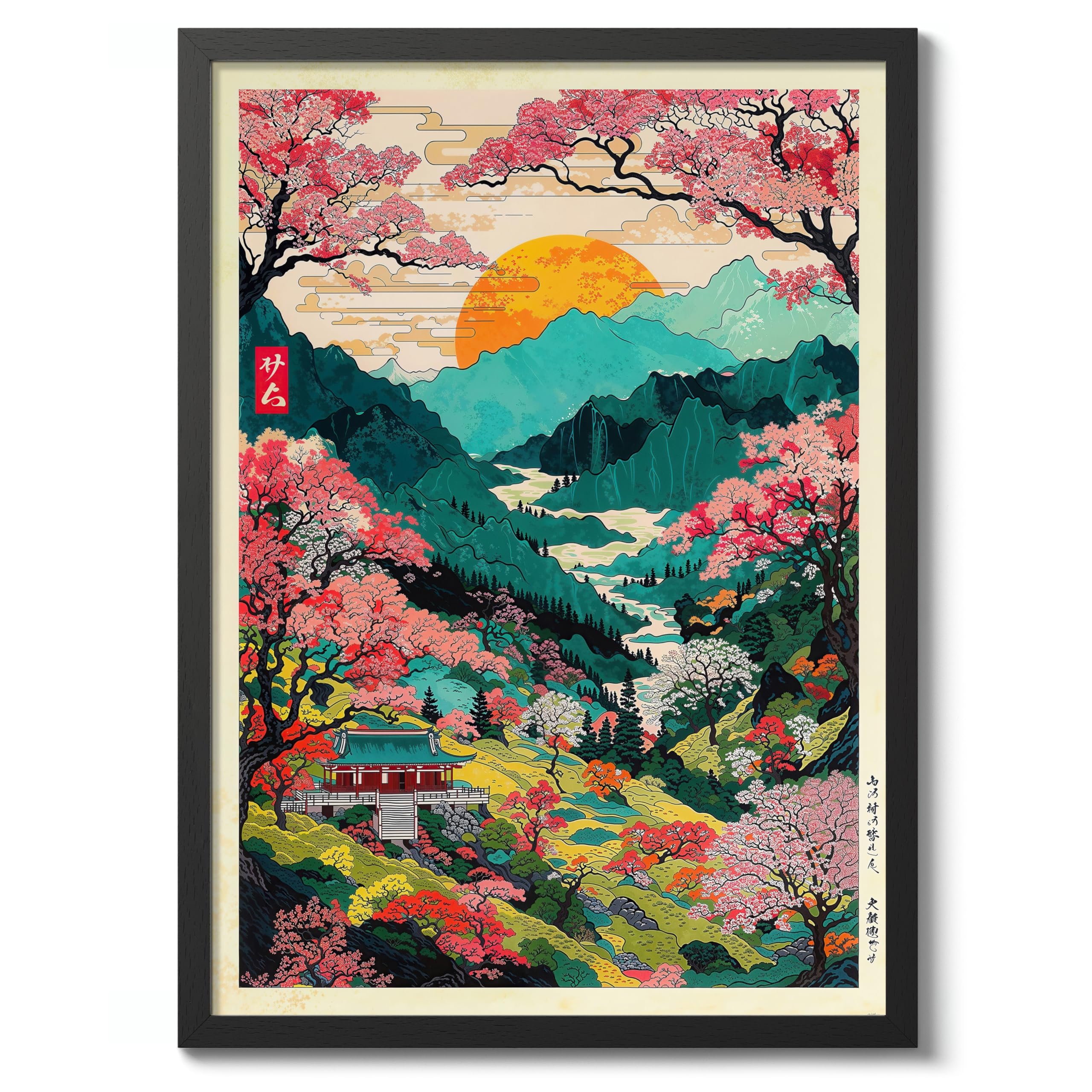 Mount Yoshino Valley Anime Woodblock Poster Modern Ukiyo-E, Japanese Cartoon Illustration Print, Archival Matte, A2 (Black Frame) - 59.4x42cm
