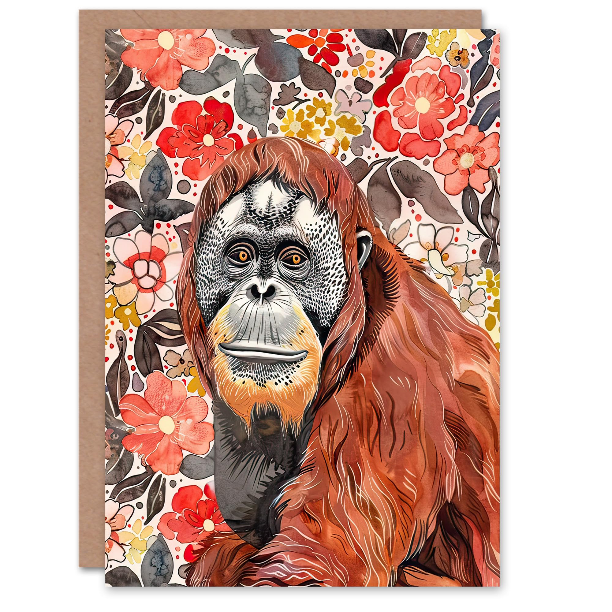Artery8 Greeting Card Orangutan with Red Blooming Flowers Watercolour For Her Woman Birthday Card