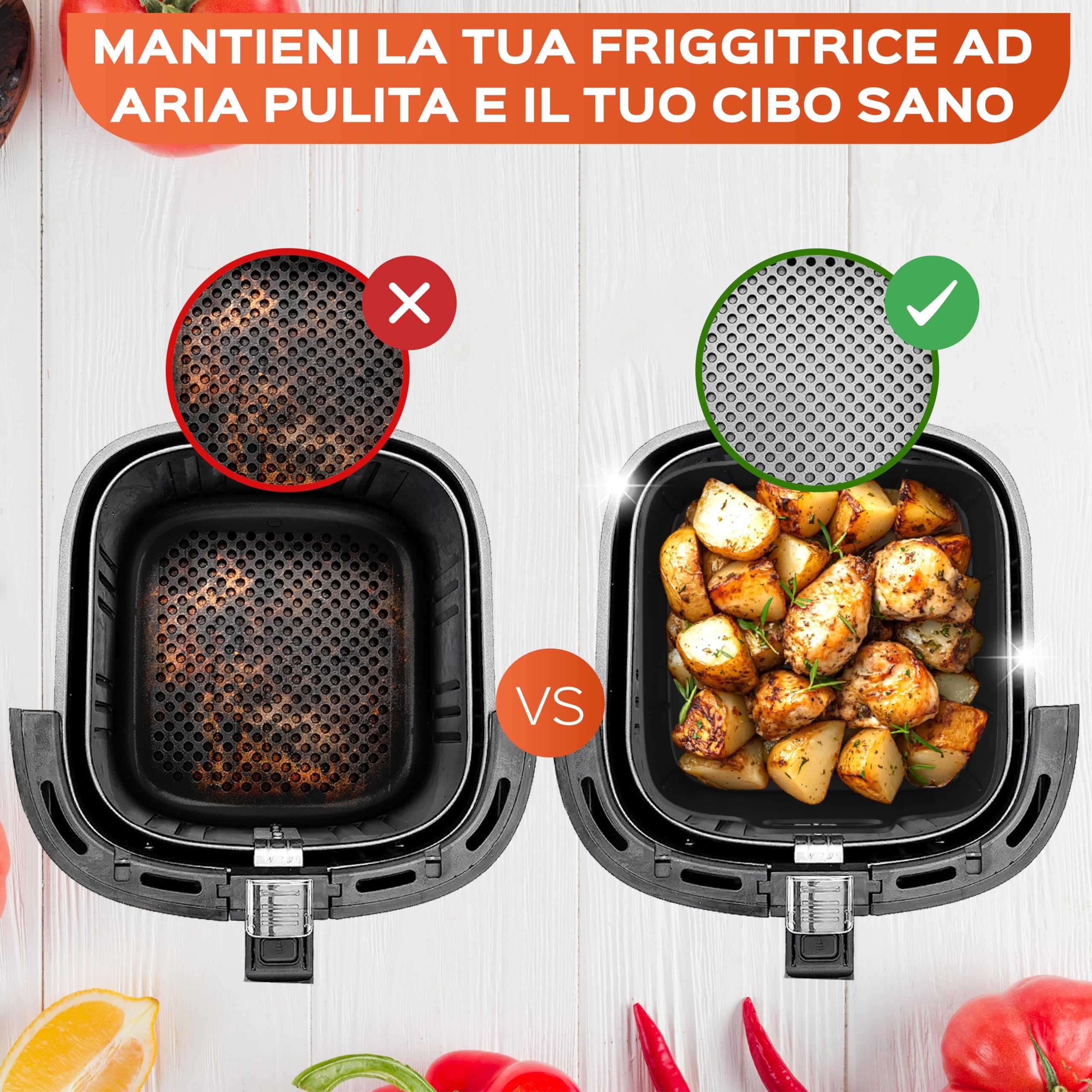 Accessori Friggitrice ad Aria per Philips 6,2L, Cosori e Cecotec | Set con teglia in silicone (23cm), griglia e teglia per pizza. Acciaio inox privo di BPA lavabile in lavastoviglie