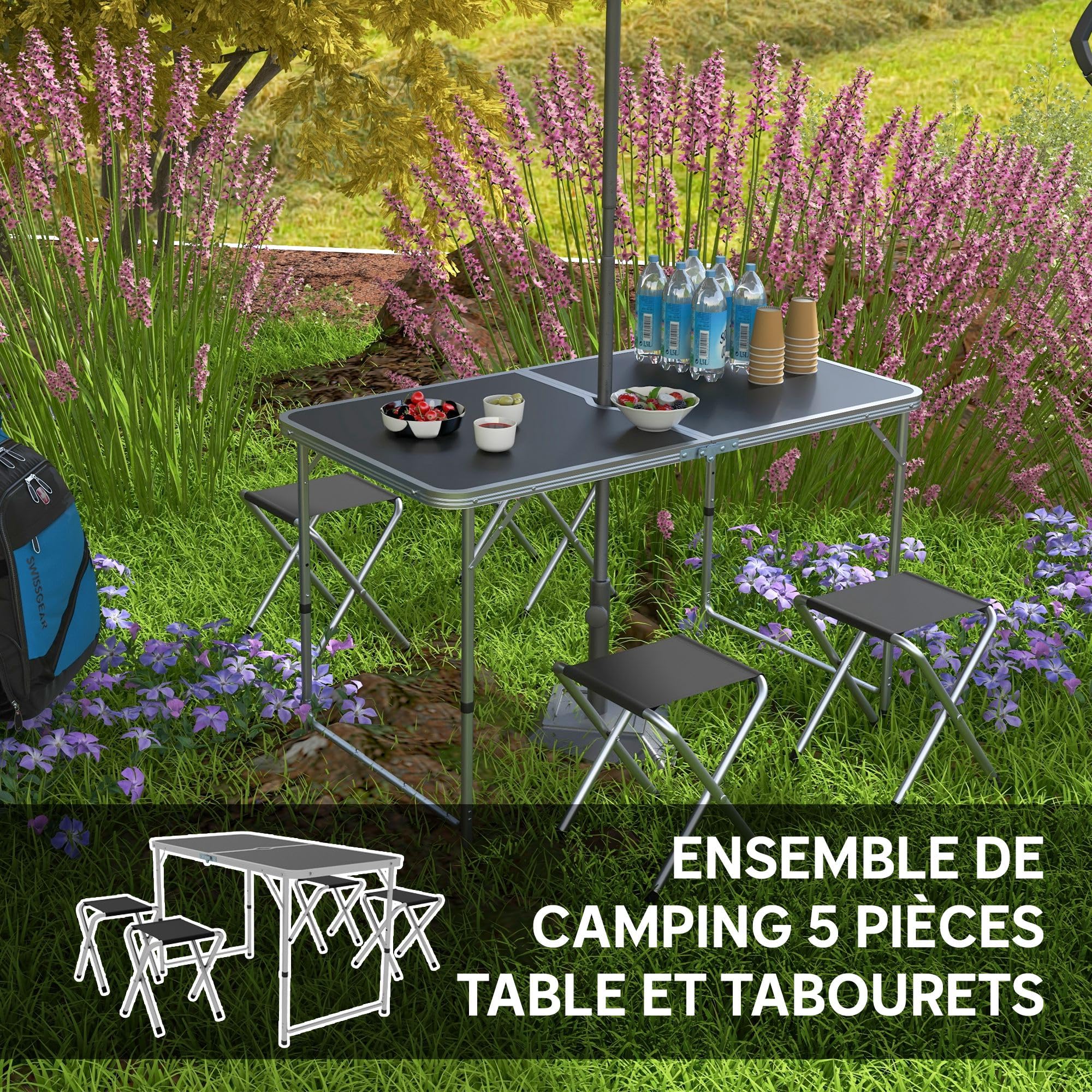 Outsunny Ensemble Table et Chaise de Camping Pliantes 5 pièces, Table à Hauteur Ajustable avec 4 chaises Pliantes, avec Trou de Parasol, Gris foncé