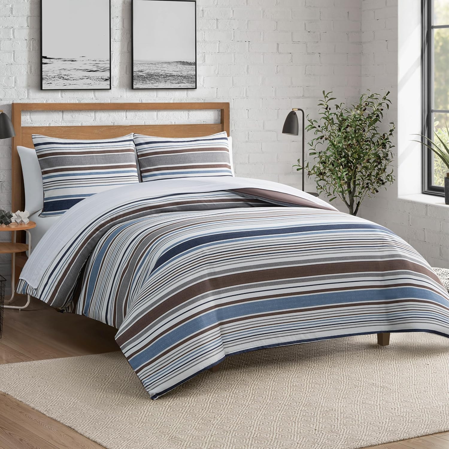 Lucky Brand Monterey Stripe Duvet Cover Set - Full/Queen Size - 3 Piece Bedding Ensemble