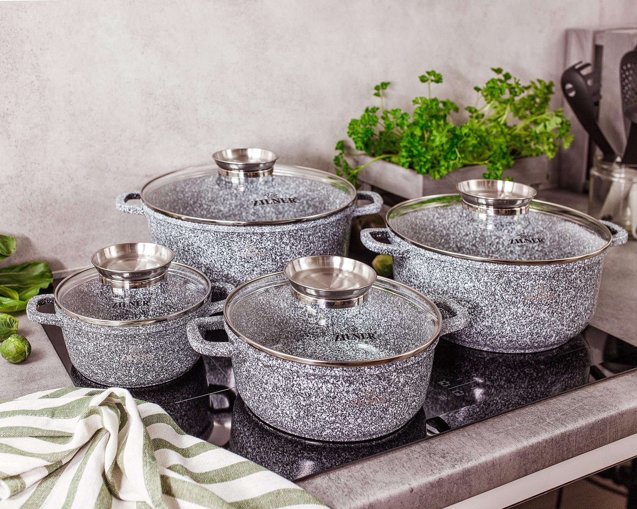 Zestaw Garnków - Powłoka Ceramiczno-marmurkowa - Szklane Pokrywki - Wszystkie Rodzaje Kuchenek - 17 Elementów Szary