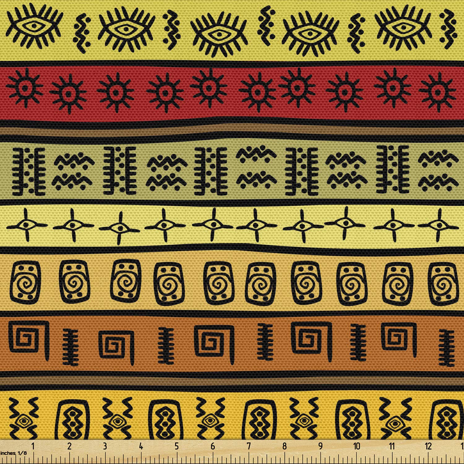 Ambesonne African Fabric by The Yard, Hand Drawn Pattern Abstract Geometric Striped Illustration, Decorative Fabric for Upholstery and Home Accents, 3 Yards, Red Yellow