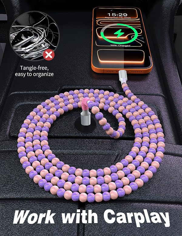 USB C to USB C Cable 6FT,60W Fast Charging Beaded Charger Cord for iPhone 17 16 15 Pro Max/iPad Air 11th 10 for Samsung S26 S25 S24 Ultra S23 A17/Android Phone Charger Cord Cute Girls Women,PinkPurple by AIAUXAI - Used condition - Image 5