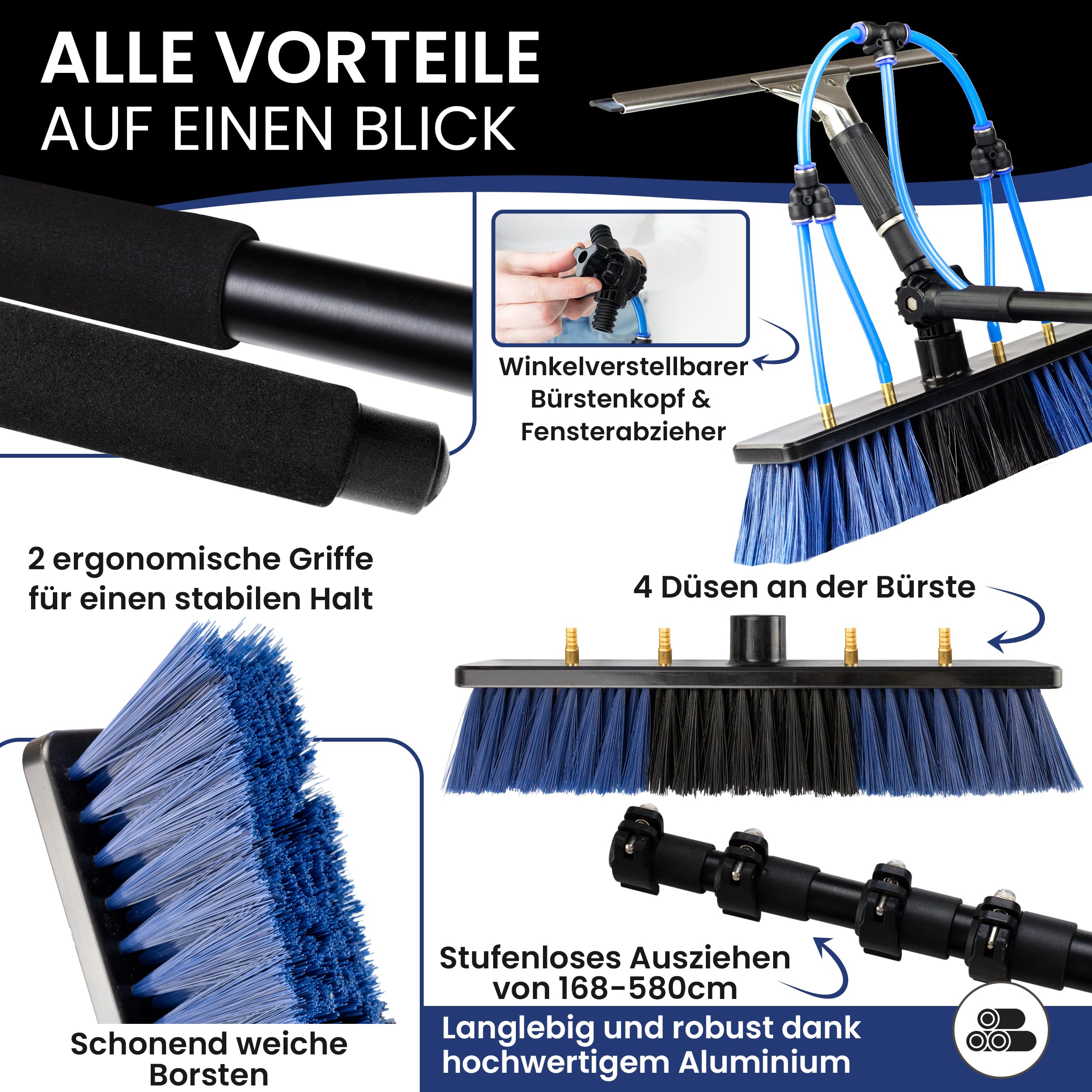 Teleskop Waschbürste 5,8 m - Wasseranschluss und Reinigungsmitteltank – Ausziehbare Aluminium-Teleskopstange für Fenster, Solaranlagen – inkl. Aufbewahrungstasche