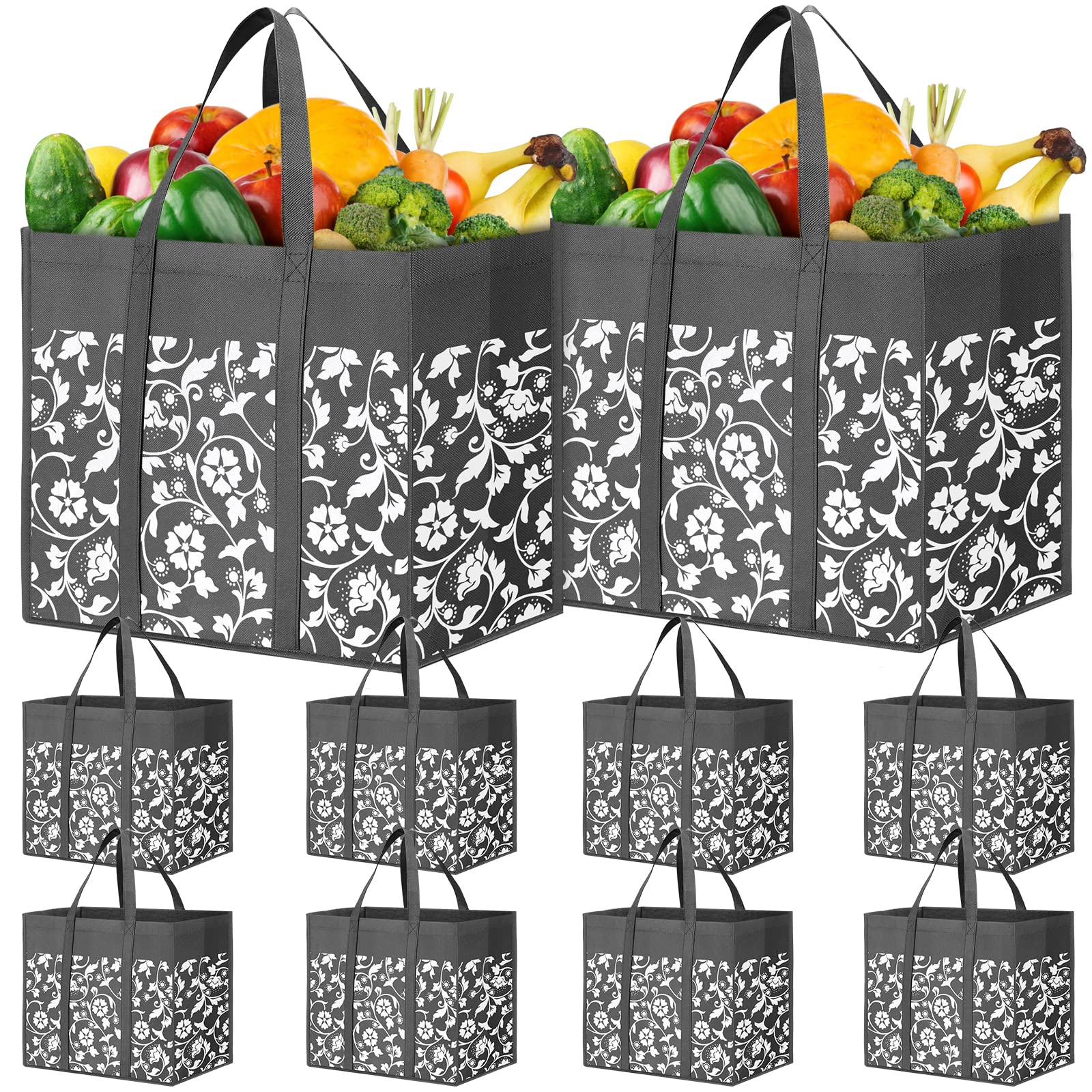 WOWBOX Reusable Grocery Bags Foldable Tote Bags bulk with Reinforced Handles Shopping Bags for Groceries Heavy Duty Large bags Kitchen Reusable Grocery Bags with Waterproof Coating 10-Pack, Grey