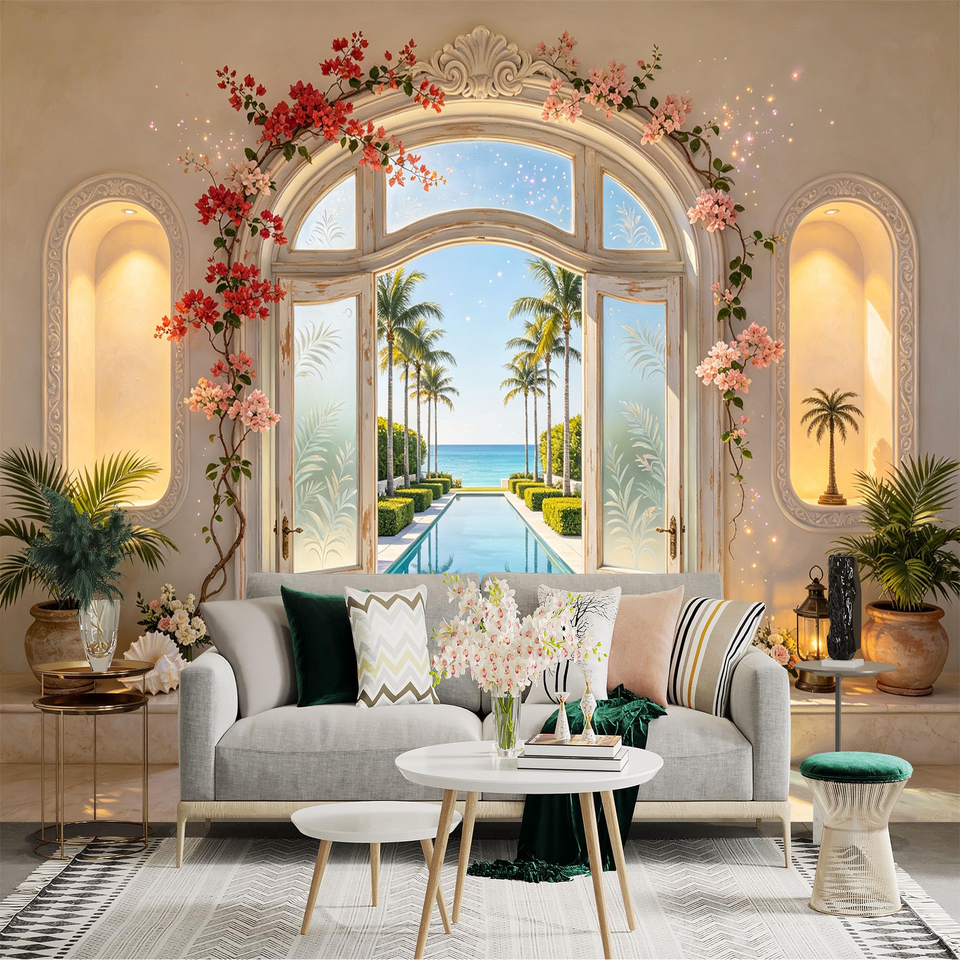 Custom Size Wall Sticker Mural， Tropical Pool View with Palm Trees and Floral Archway， for wall Decoration， peelandstick wall Decals.