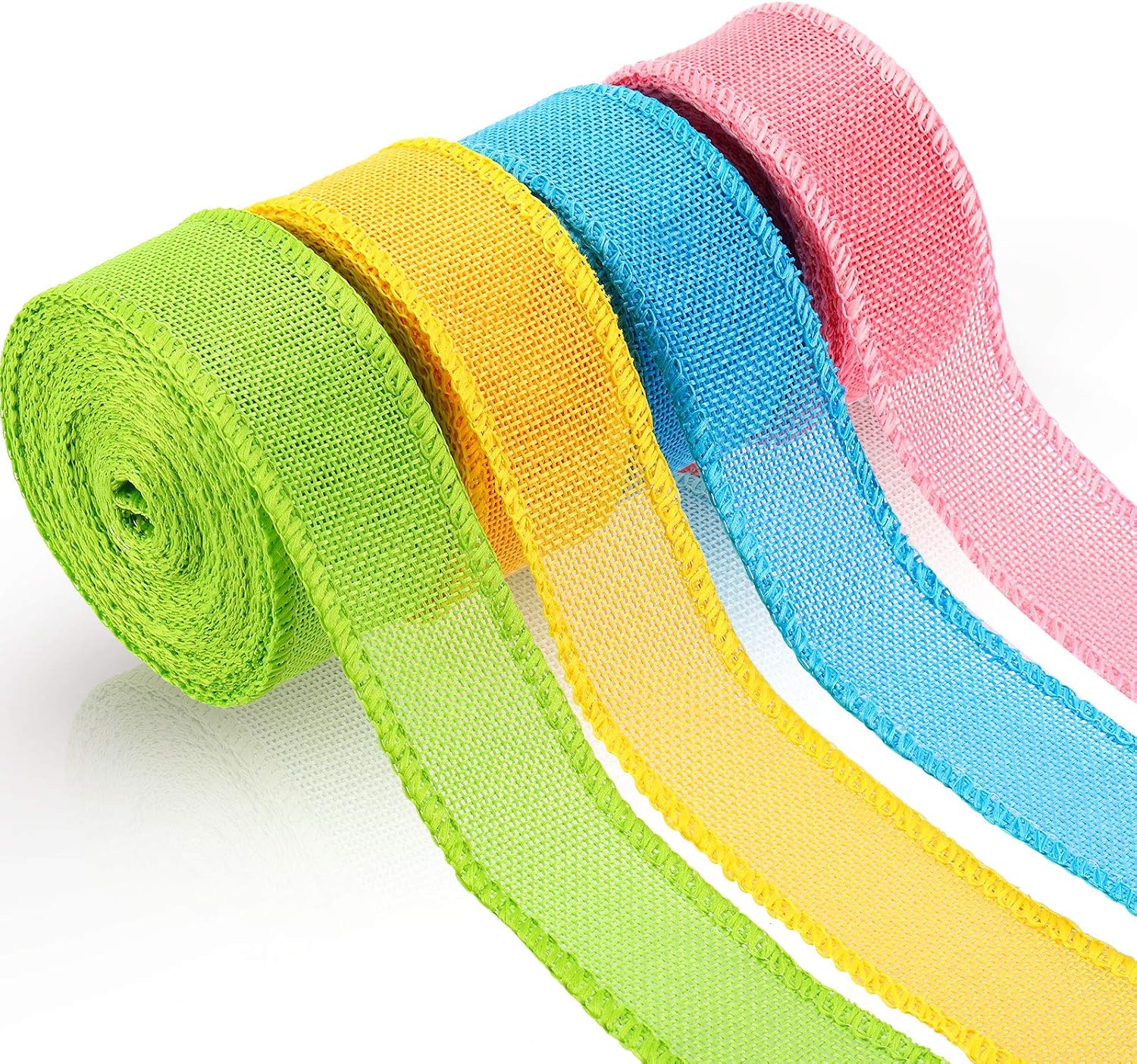 4 Rolls Easter Burlap Wired Ribbons, Solid Wired Edge Ribbon, Wrapping Burlap Ribbon, Burlap Wired Ribbon for Wreaths Home Decor DIY Crafts (Blue, Light Green, Light Yellow, Pink,2-1/2 Inch)