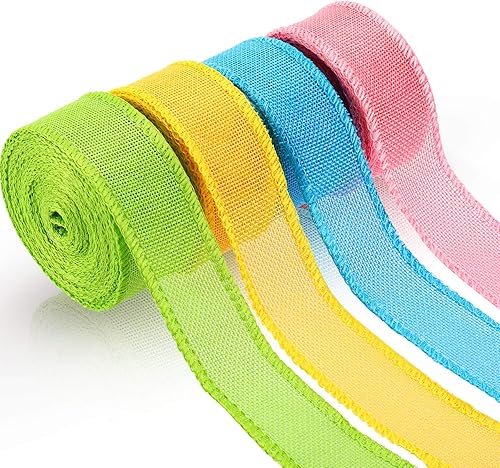 4 rollos de cintas de arpillera de Pascua con alambre, cinta de borde sólido con alambre, cinta de arpillera, cinta de arpillera con alambre para