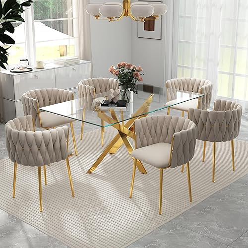 Miniatura 23 de Juego de mesa de comedor de cristal dorado de lujo para 4, juego de comedor cuadrado de 5 piezas con parte superior de vidrio transparente, juego de