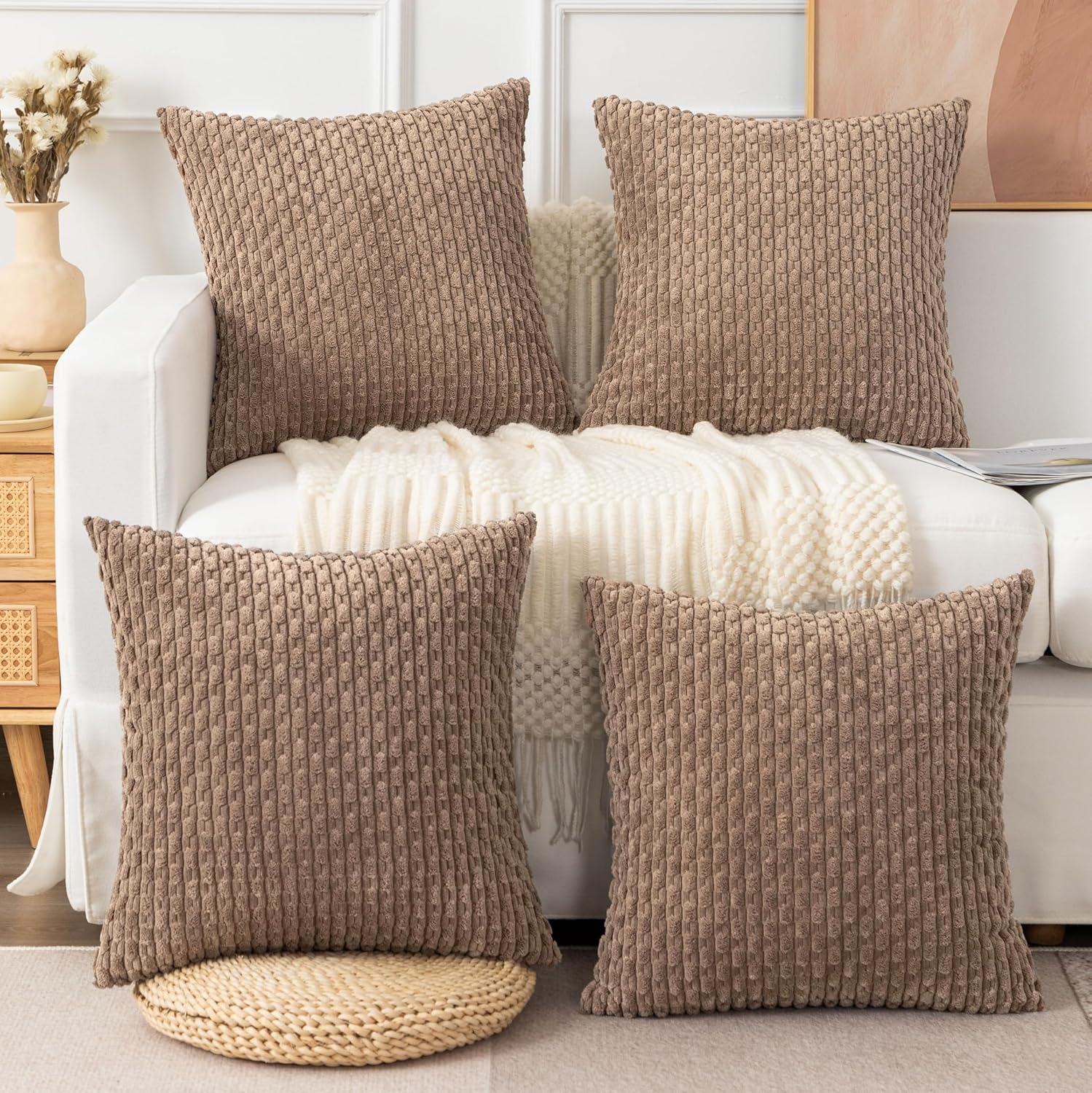 UGASA Soft Corduroy Pillow Covers Pack of 4 Boho Stripe