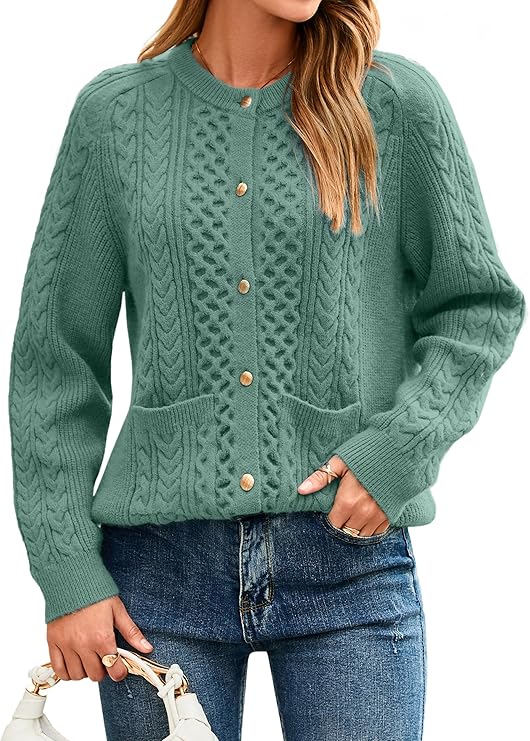 Glamaker Cable Knit Chunky Cardigan Sweater Long Sleeve Crew Neck Button Down Knit Fall Sweaters Trendy Outfits