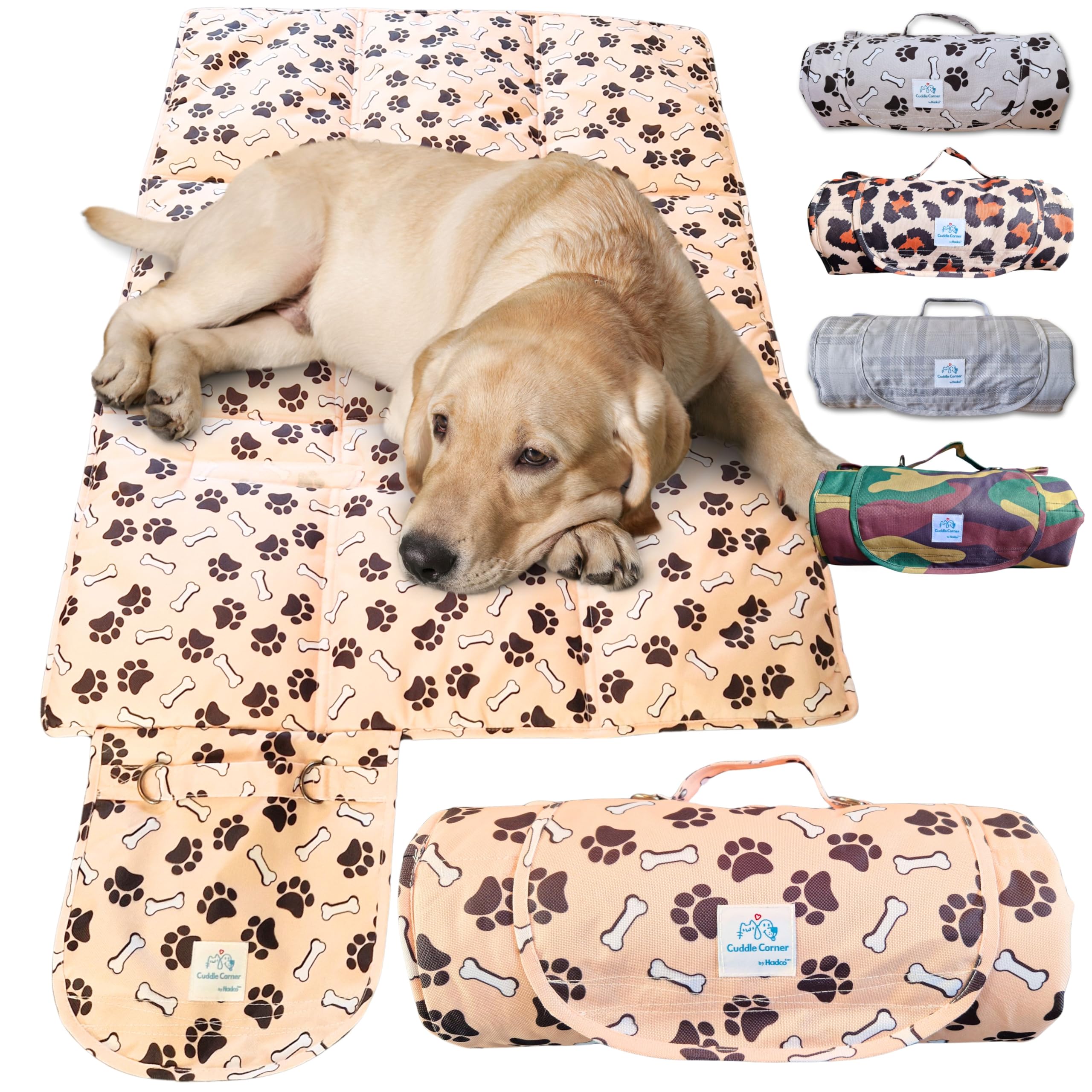 Tapis de voyage pour chien 100 x 70 cm Tissu Oxford imperméable antidérapant lavable pliable avec poignée de transport Caramel Crème