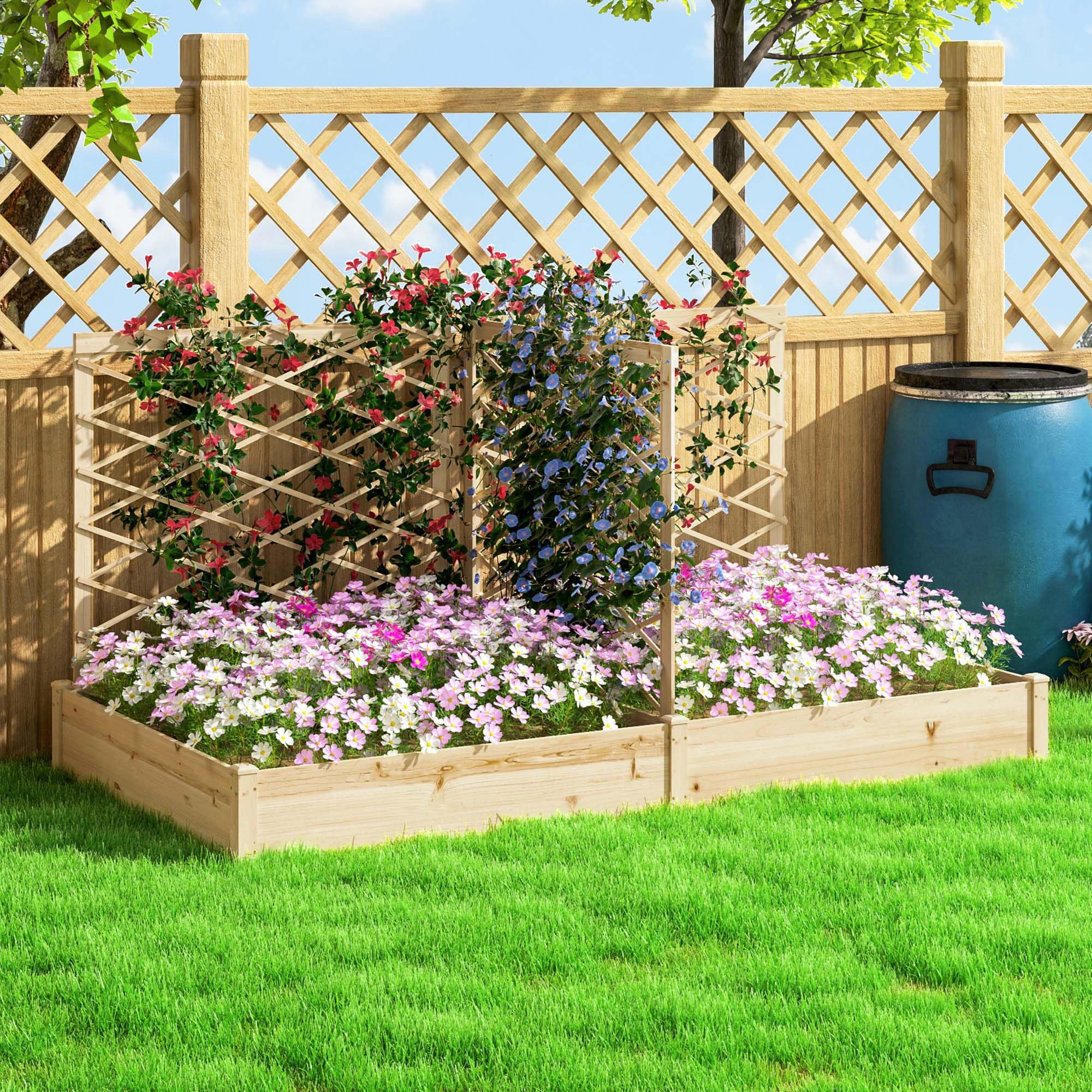 Outsunny Fioriera esterna con traliccio 222x114x109 cm Finto legno | Con 3 tralicci regolabili, aiuola rialzata, cassetta di legno per fiori, per balcone terrazzo patio.