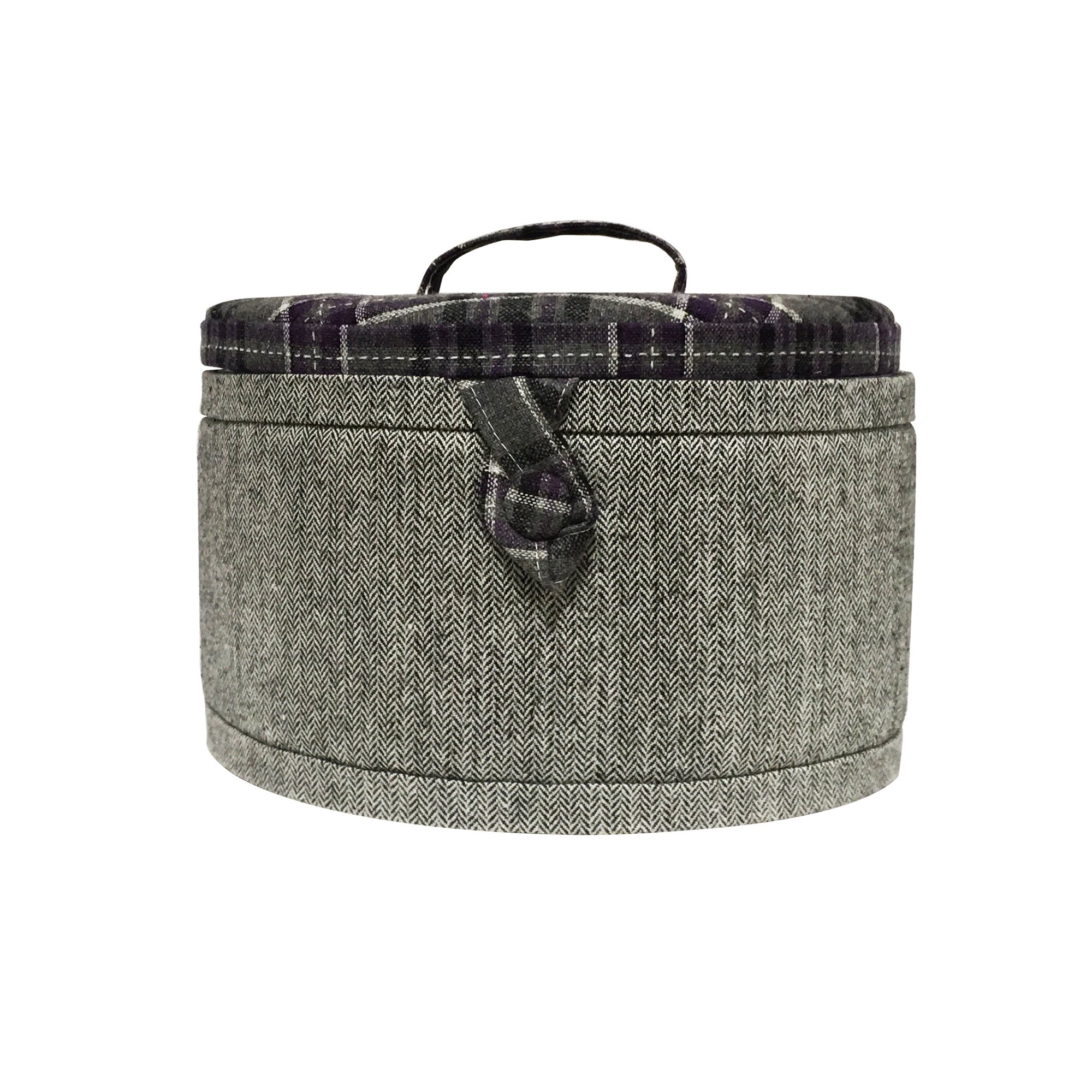 Korbond Lockland Tartan Round Sewing Box, Polyester, Lilac/Grey, One Size