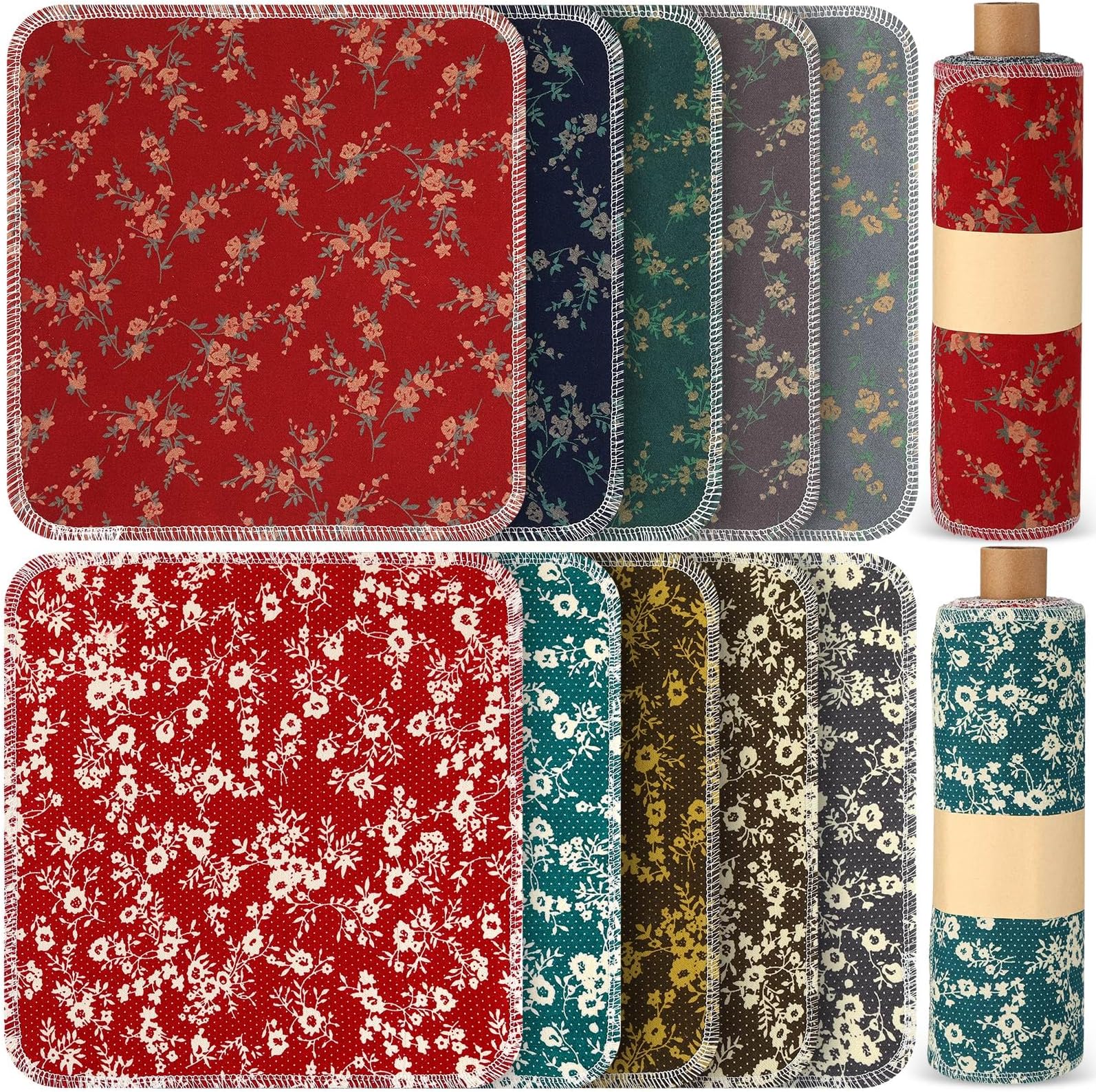 Redbaker 50 Pcs Reusable Paper Towels Paperless Reusable Cotton Cloths Toilet Absorbent Washable Paper Towels with Roll Kitchen Dishcloth for Kitchen Paperless Dishcloths(Floral)