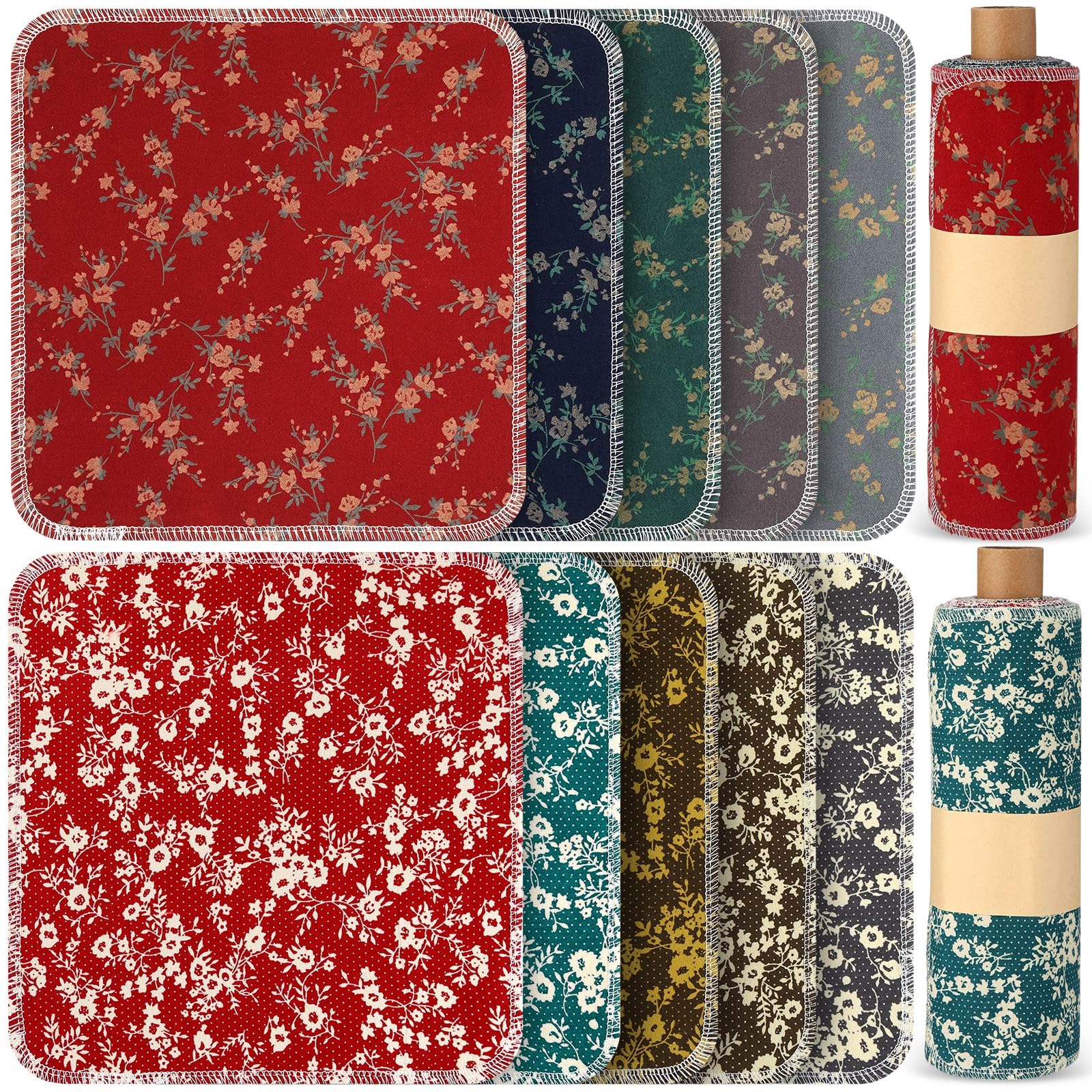 Redbaker 50 Pcs Reusable Paper Towels Paperless Reusable Cotton Cloths Absorbent Washable Paper Towels with Roll Kitchen Dishcloth for Kitchen Paperless Dishcloths(Floral)