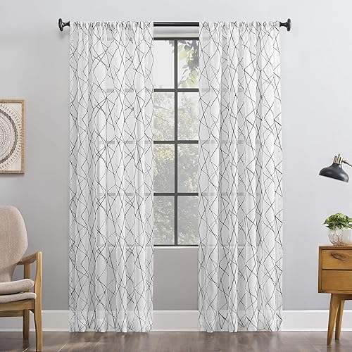 No. 918 Fraction - Juego de 2 paneles de cortina de bolsillo para barra de mediados de siglo, moderno con bordado geométrico semitransparente Negro