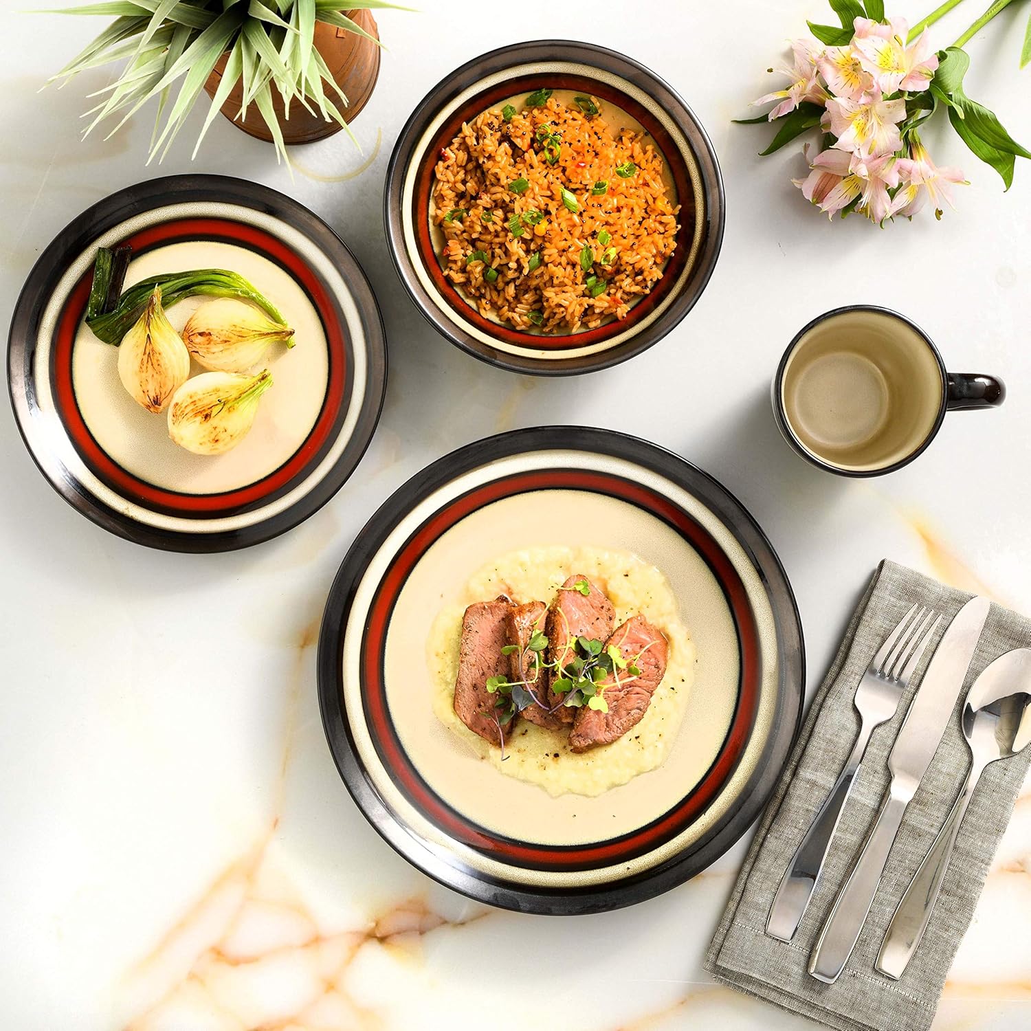 Hot Deals Gibson Elite Lewisville Round Reactive Glaze Stoneware Dinnerware Set, Service for 4 (16pcs), Cream/Red