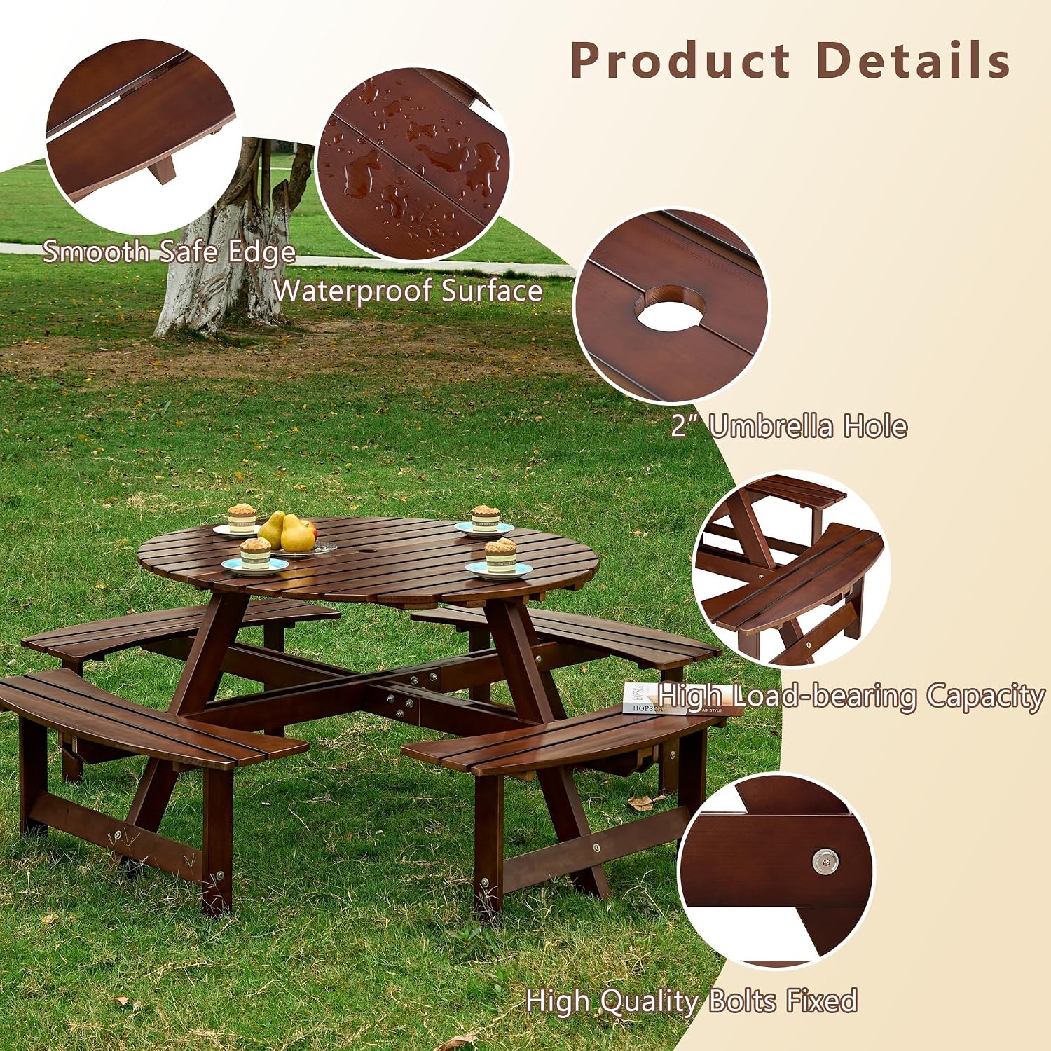 8 Person Wooden Picnic Table, Outdoor Round Picnic Table with 4 Built-in Benches, Umbrella Hole, Outside Table and Bench Set for Patio, Backyard, 500lbs Capacity Per Bench (Brown - 8Person)