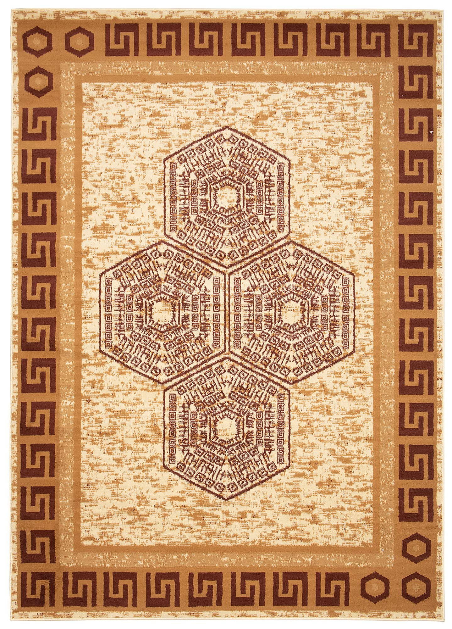 TAPISO Atena Tapis de Salon Chambre Ado Design Moderne Sable Marron Motif Grec Bordé Doux Fin Poil Court 140 x 200 cm