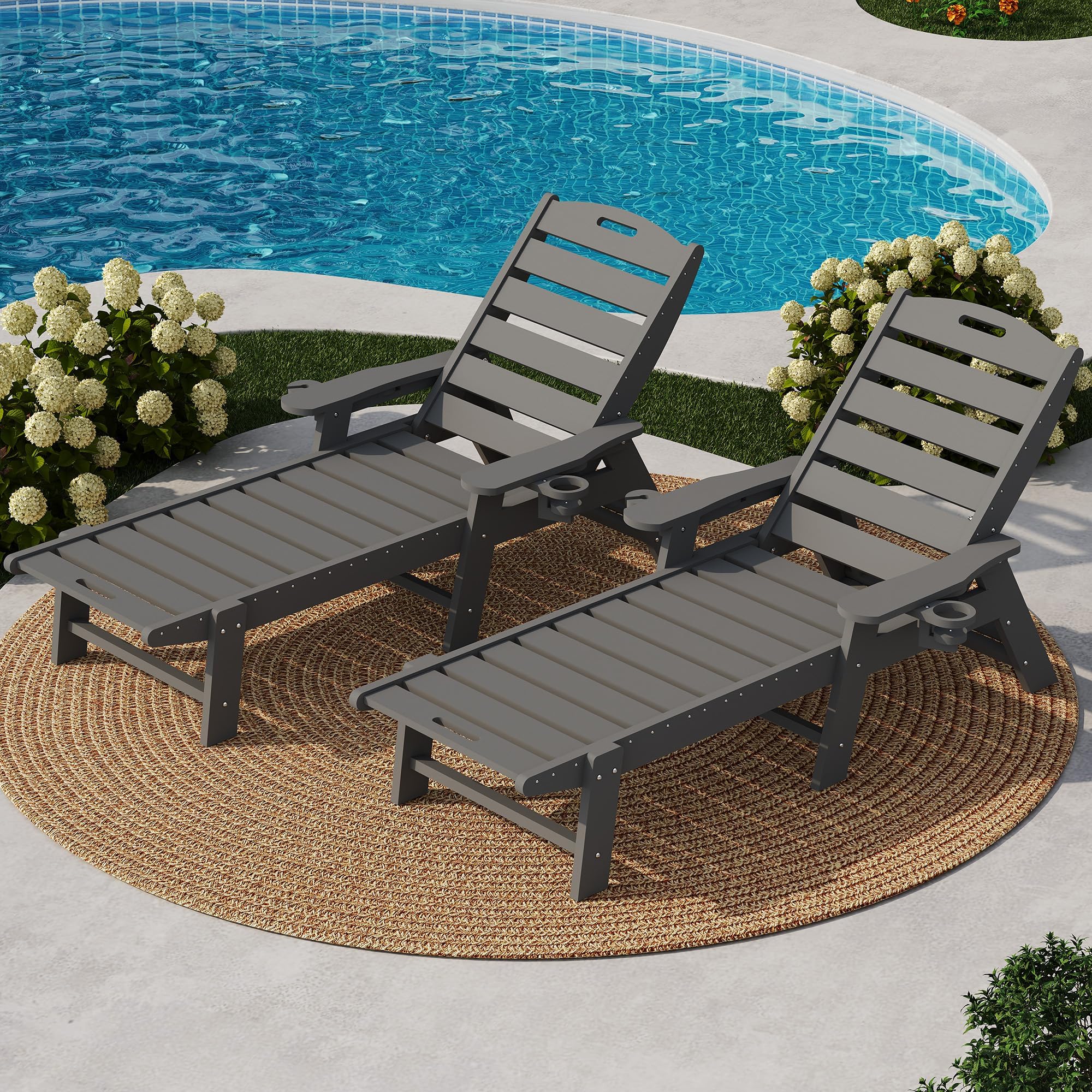 Garvee 2er Set Sonnenliege Gartenliege wetterfest aus HDPE, 5-Stufen verstellbare Rückenlehne, Relaxliege mit Getränkehalter, Belastbar bis 204kg, UV-beständig, Wartungsfrei, Grau
