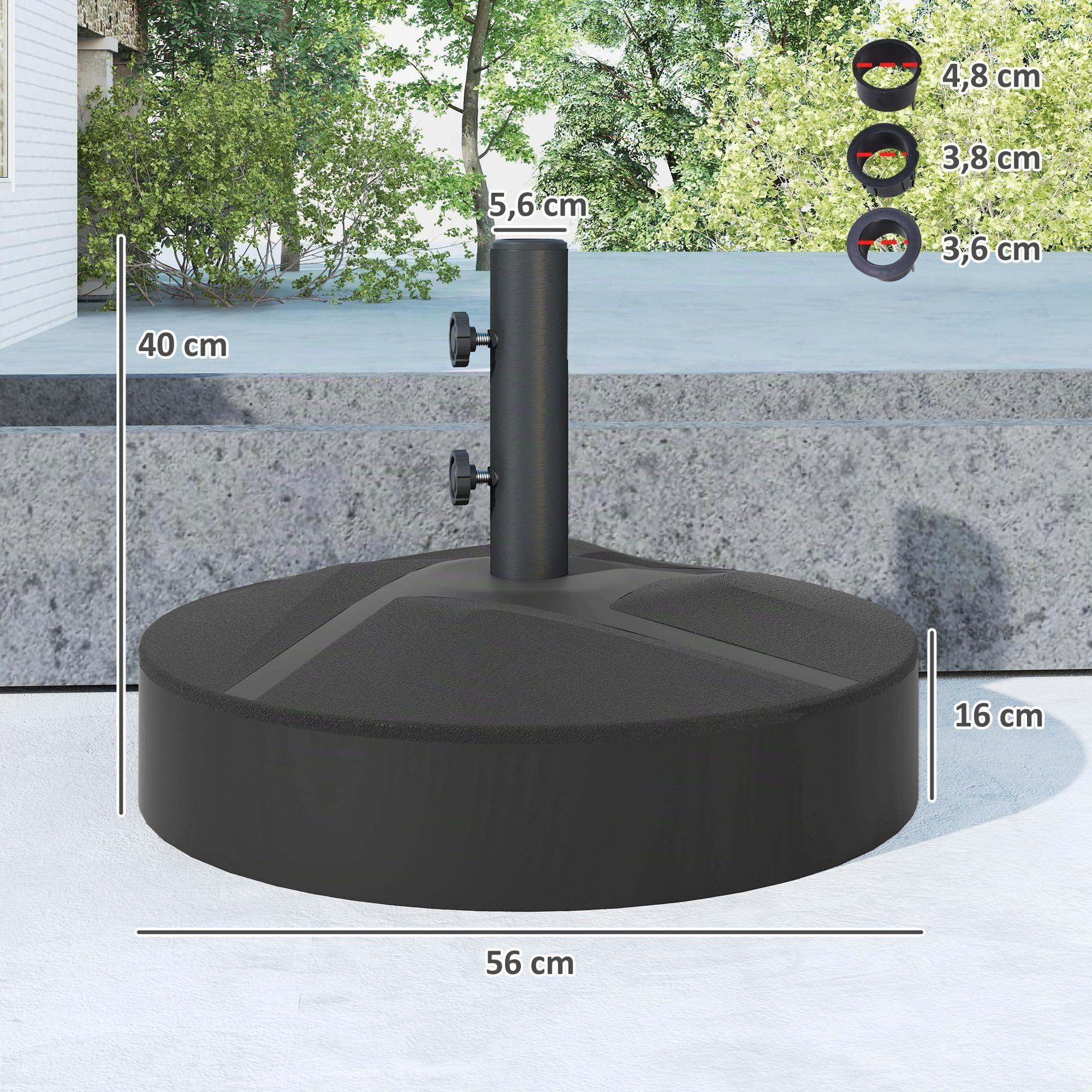 Outsunny Base para Sombrilla Redonda Soporte 25L o Arena 30kg Negro | Pie para Sombrilla, Rellenable con Agua, Jardín Terraza