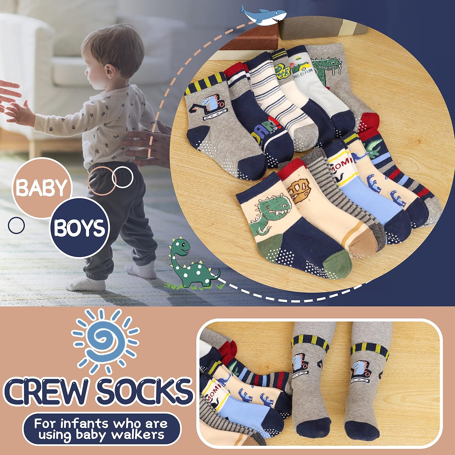 ANTSANG Baby Boys Grips Socks Kids Toddlers Infants Non Slip/Anti Skid Crew Cotton Socks - Image 4