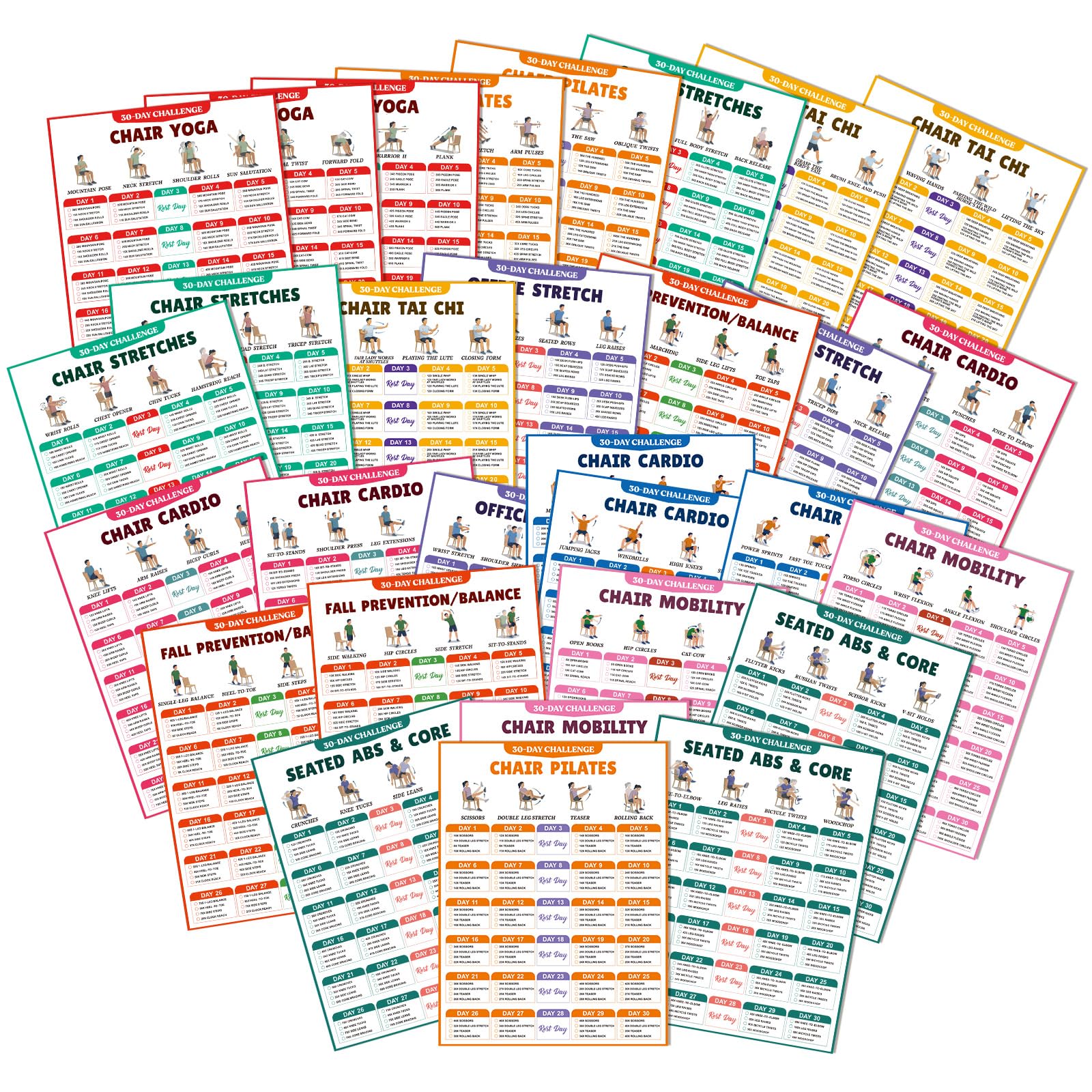 Sinload 30 Day Chair Yoga Posters for Seniors Chair Yoga Challenge Posters