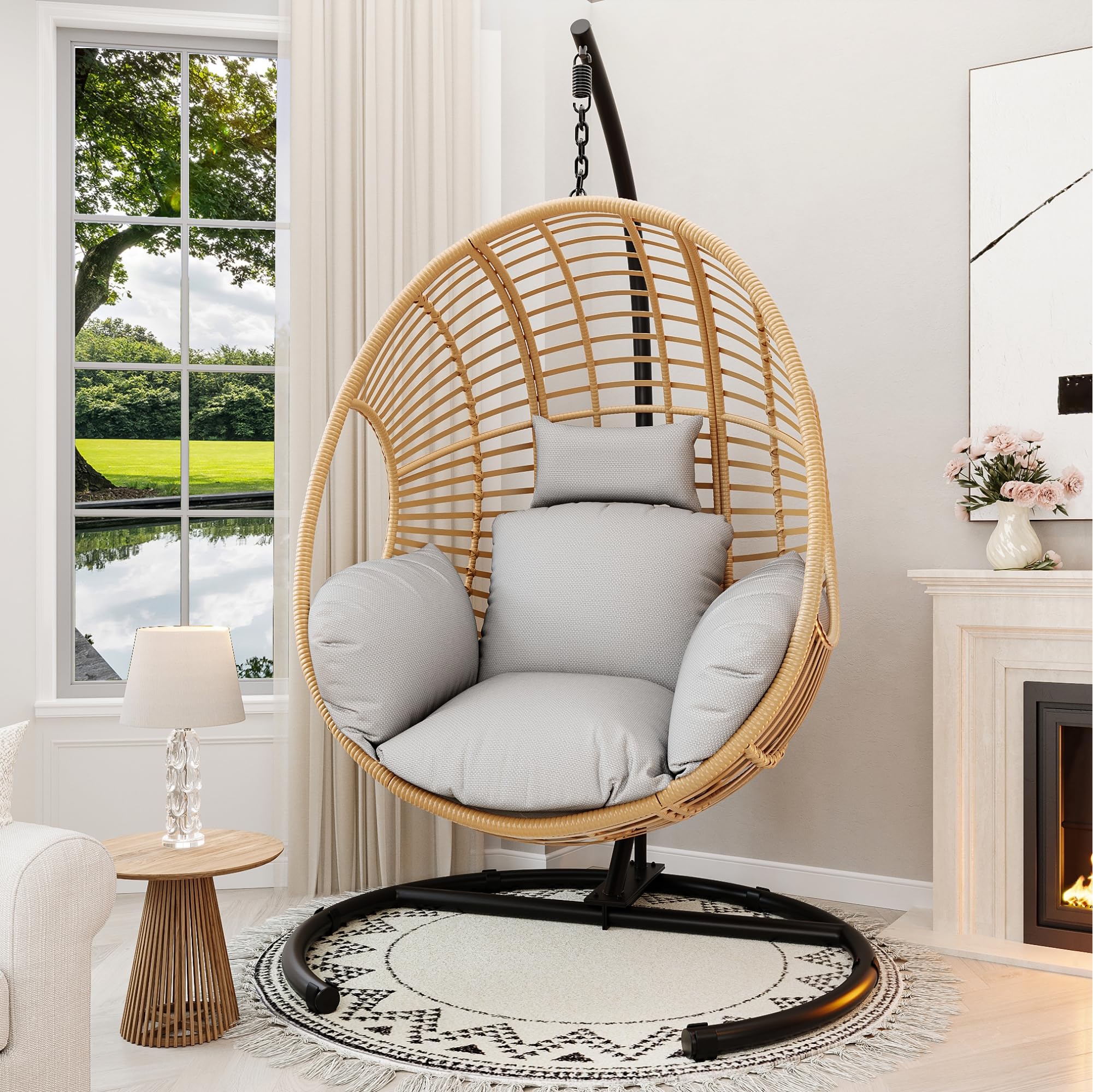 CHINNLUU Oversized Hanging Egg Chair Outdoor Wicker Swing Chair with Stand Rain Cover UV Resistant Cushion 400lbs Capacity for Patio, Garden and