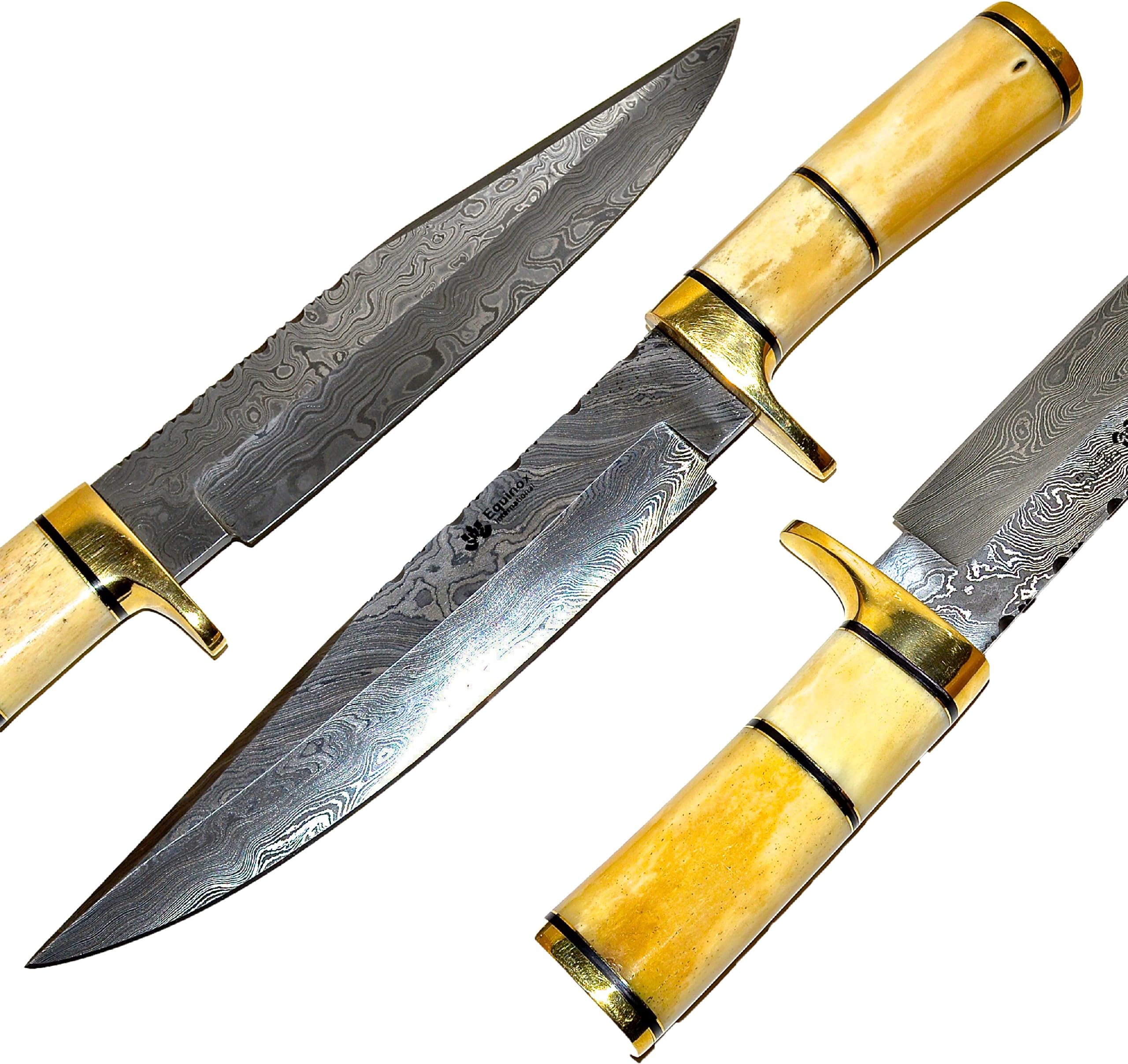 Custom Handmade Damascus Hunting Knife - Equinox International Collection - Super Sharp Japanese Damascus Steel Crafted 8 Layers Blade - 13" Overall Length - Camel Bone Handle with Gold Bolster - Must Have for any Avid Hunter/Survivalist - FREE Special Leather Sheath for LIMITED TIME ONLY! or!