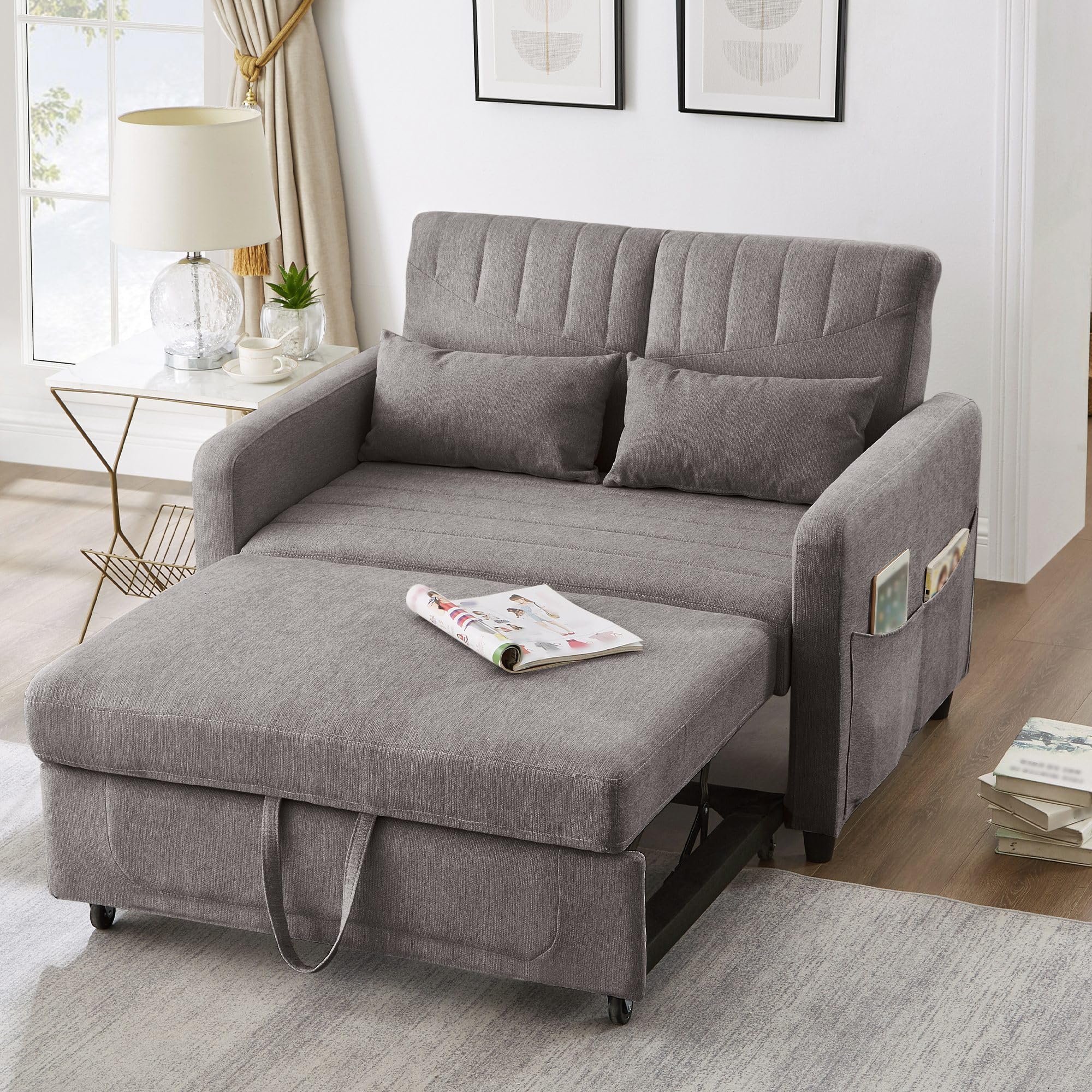 [Sofabett mit Schlaffunktion Zweisitzer-Klappsofa, Ausziehbares Design, Dreistufig verstellbare Rückenlehne, Atmungsaktiver Baumwoll-Leinen-Stoff Grau