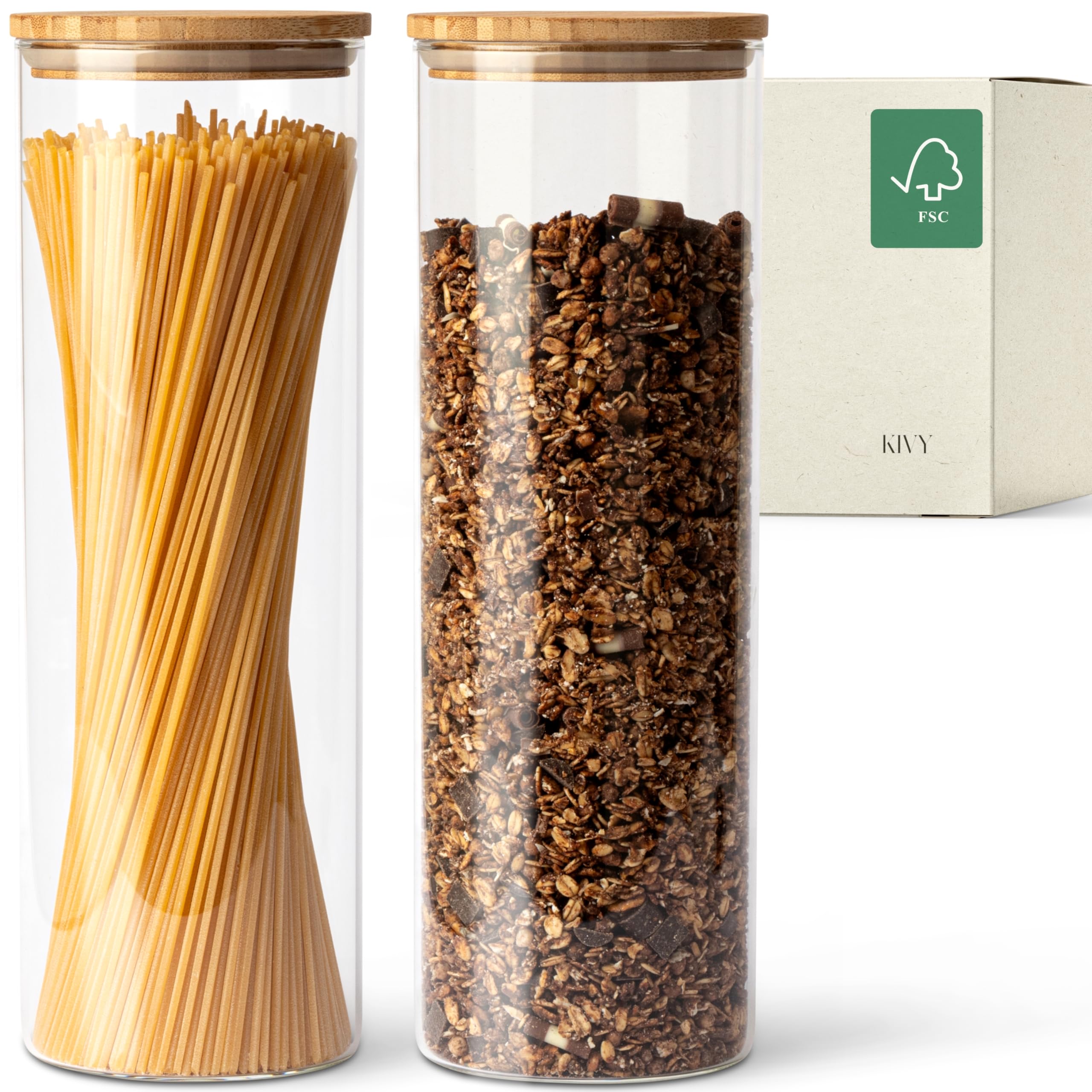 Kivy Clear Airtight Storage Jars With Lids - 2 X 1.8L - For Spaghetti, Flour, Cereal Storage Glass - Pasta Jars With Lid - Large Spaghetti Storage Glass - Noodle Jars With Bamboo Lid