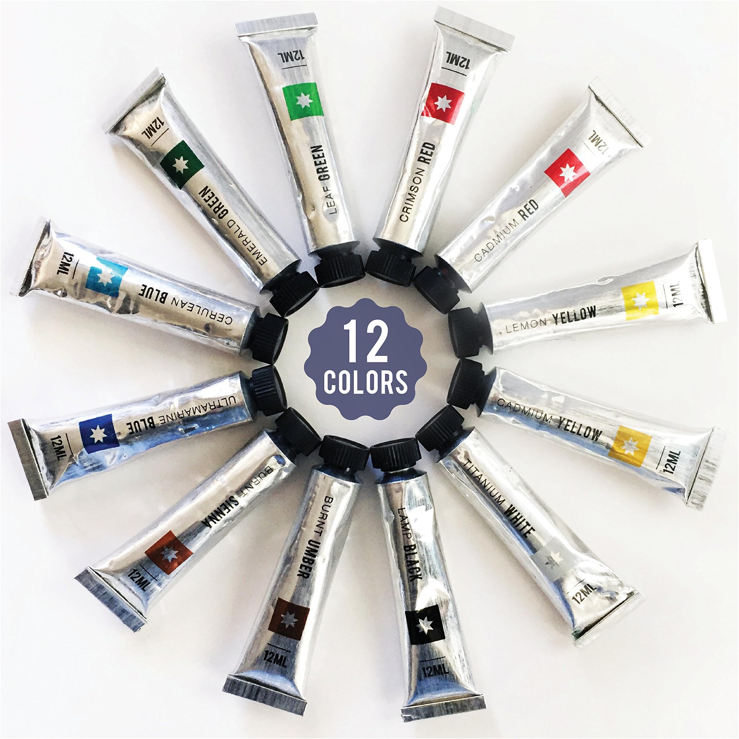 Acrylic Paint Set of 12 Standard Colors by Stellato. Quality Non Toxic Paints for use on Any Number of Surfaces. Great for Kids & Beginning Artists [15% Off for Three Sets or More]